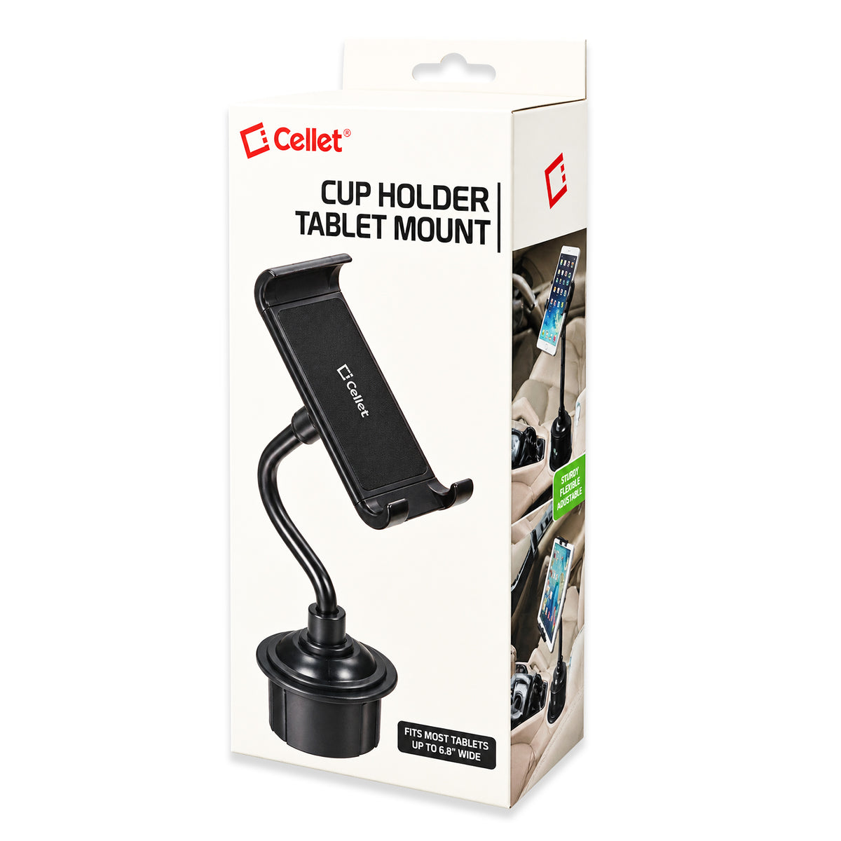 PHC19CN - Cellet Flexible Arm Cup Holder Tablet Mount - Universal Car Cup Base Holder with 360° Swivel & Adjustable Neck for iPad Pro Air Mini, Samsung Galaxy Tab, Surface, & 4.7-9.5 Inch Devices