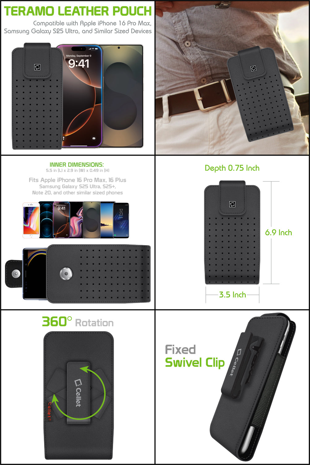 LTERLAGB - Cellet Teramo Leather Pouch for Samsung Galaxy S9 Plus, Galaxy S8 Plus, iPhone 8 Plus, 7 Plus, 6S Plus and More(Fits with Slim Case On)