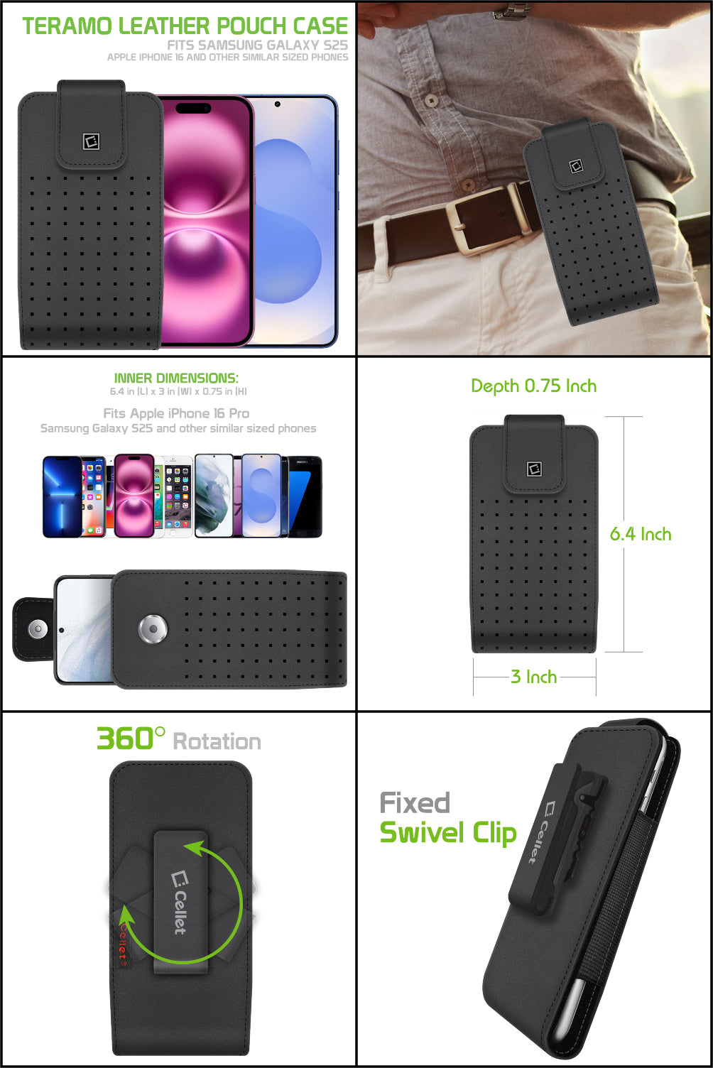 LTERMEDB - Cellet Teramo Leather Phone Holster with Belt Clip – Compatible with iPhone 16 Pro, Samsung Galaxy S25 & Similar Sized Phones – 360° Rotating Swivel Clip, Premium Leather Pouch with Magnetic Closure