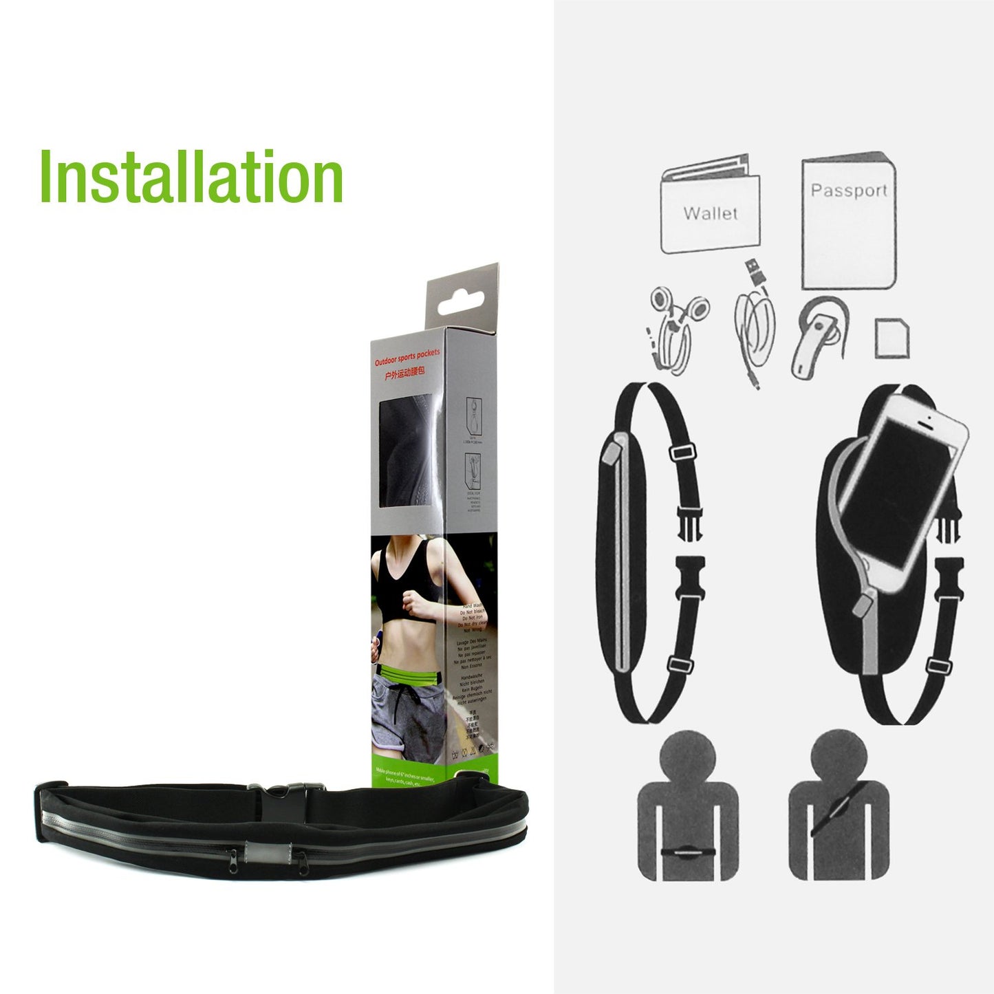 Sweat Resistant Fitness Exercise Storage Belt with Dual Pockets Fanny Pack