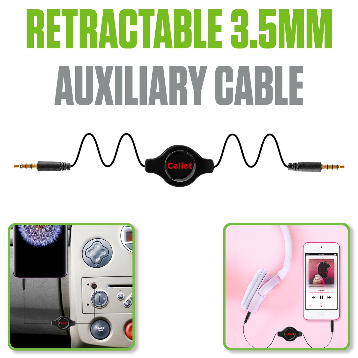 CN3535RBKB - Cellet Retractable 3.5mm Stereo Auxiliary Cable – 32" Extendable Aux Cord for Car, Headphones, Speakers & More – Compact, Tangle-Free Design – 3.5mm Male to 3.5mm Male Audio Jack – Black