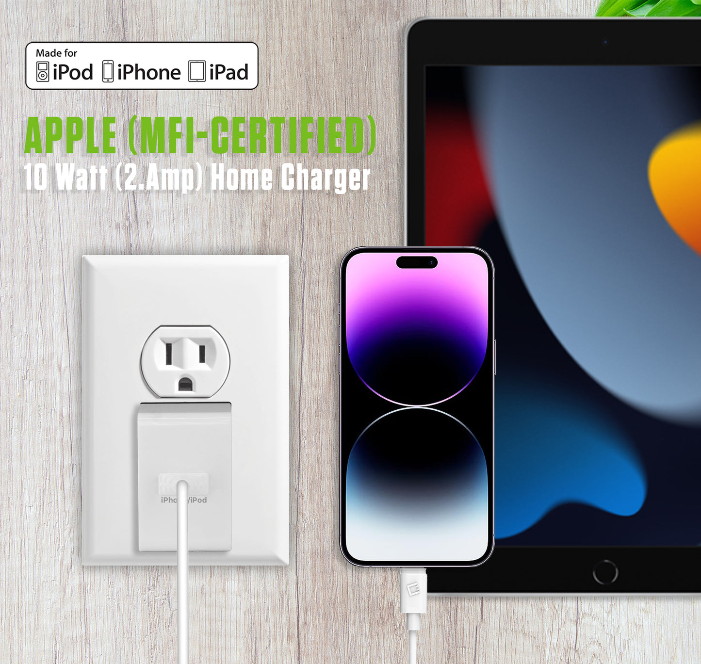TCAPP5GB - Cellet 10W (2A) Apple MFi  Certified Lightning Wall Charger – UL Certified Compact Folding Blade Charger with 4ft Cable – Fast Charging for iPhone, iPad, iPod – White