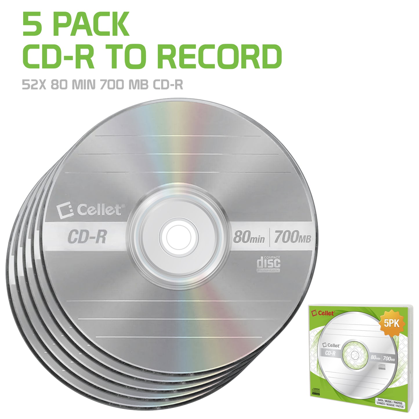 WCD5 - Cellet CD-R 5-Pack – 700MB 80-Minute Blank Discs, 52X Speed for Data, Music, and Photo Recording