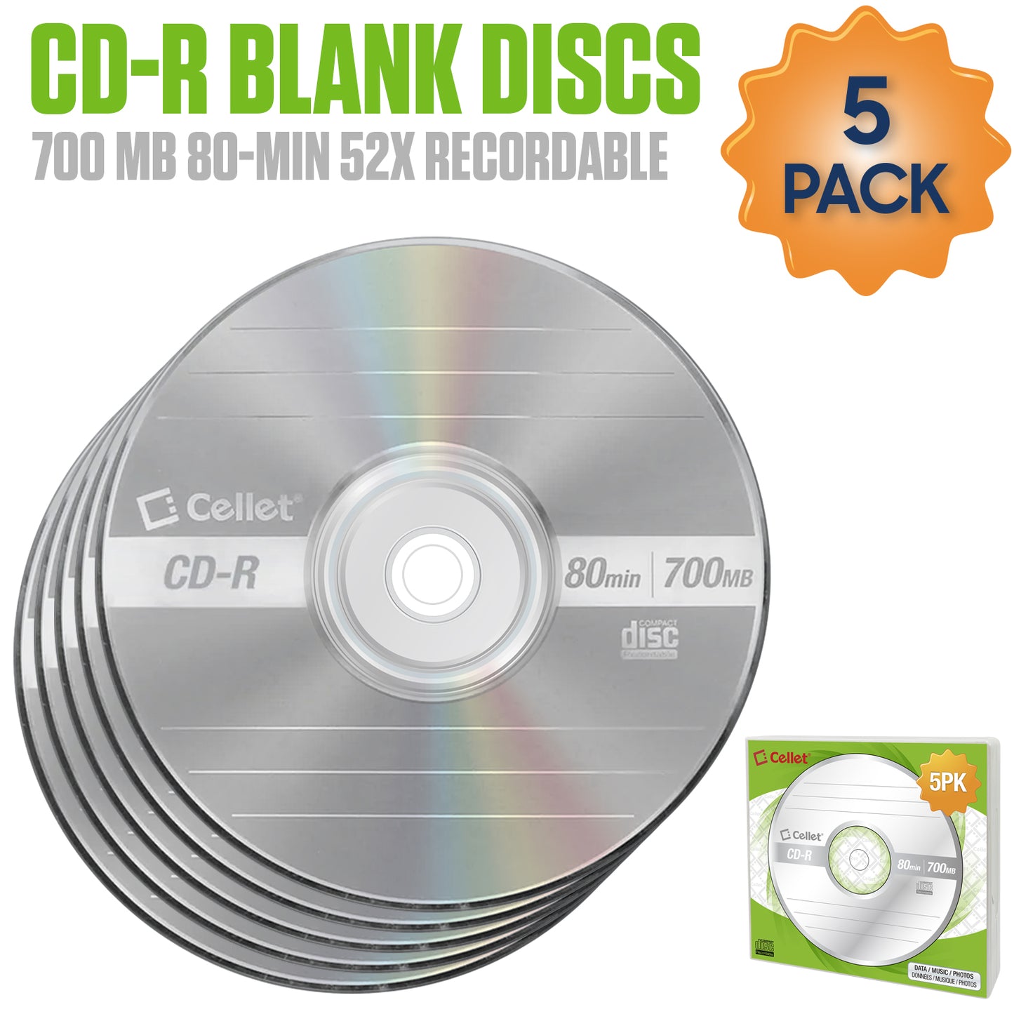 WCD5 - Cellet CD-R 5-Pack – 700MB 80-Minute Blank Discs, 52X Speed for Data, Music, and Photo Recording