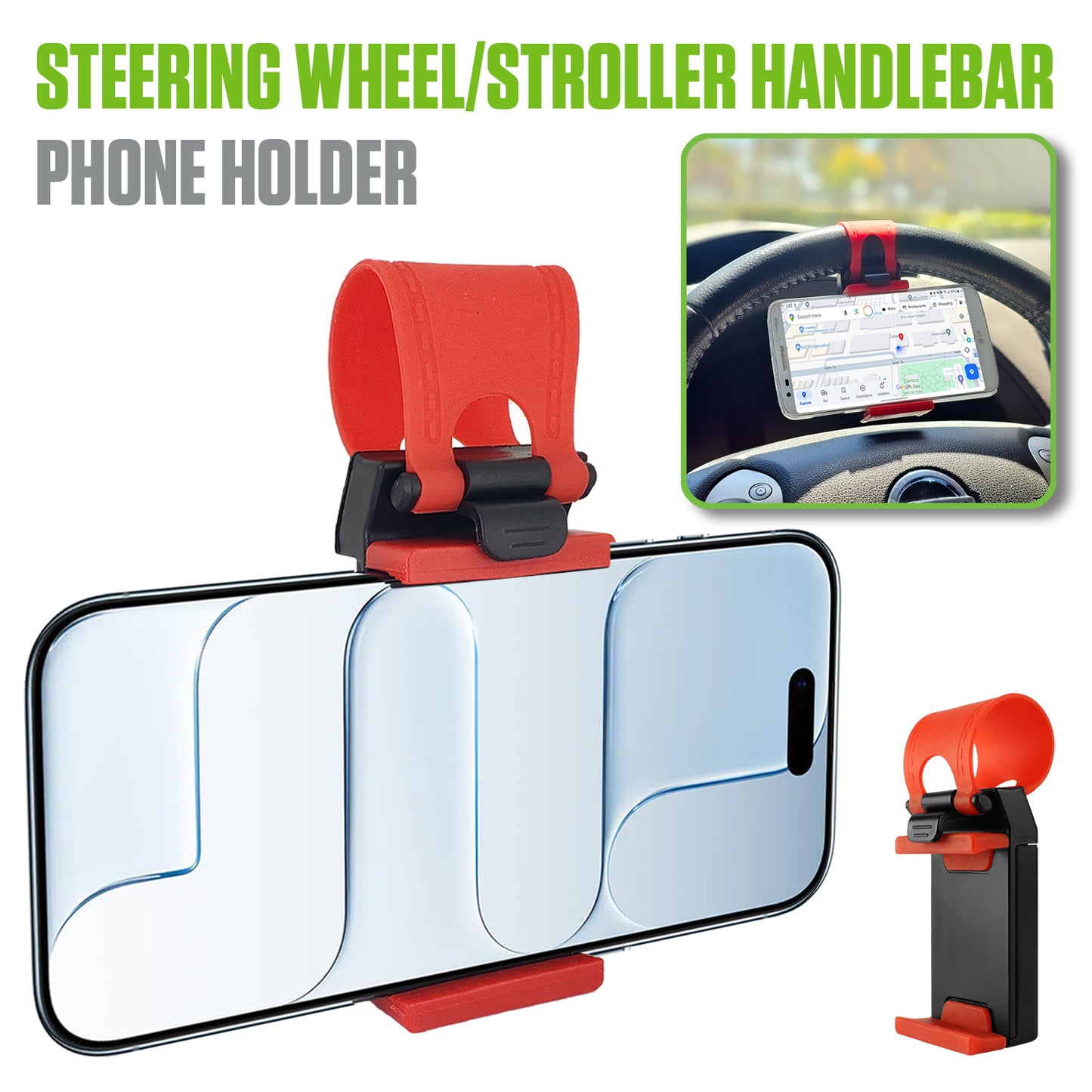 PHHD100 - Universal Steering Wheel Phone Mount Holder - Adjustable Handlebar Cradle Clamp Fits iPhone 16 15 14 13 Pro Black, Fits Standard Devices 2.1" to 3.1" Wide, Stroller & Exercise Bike Bracket