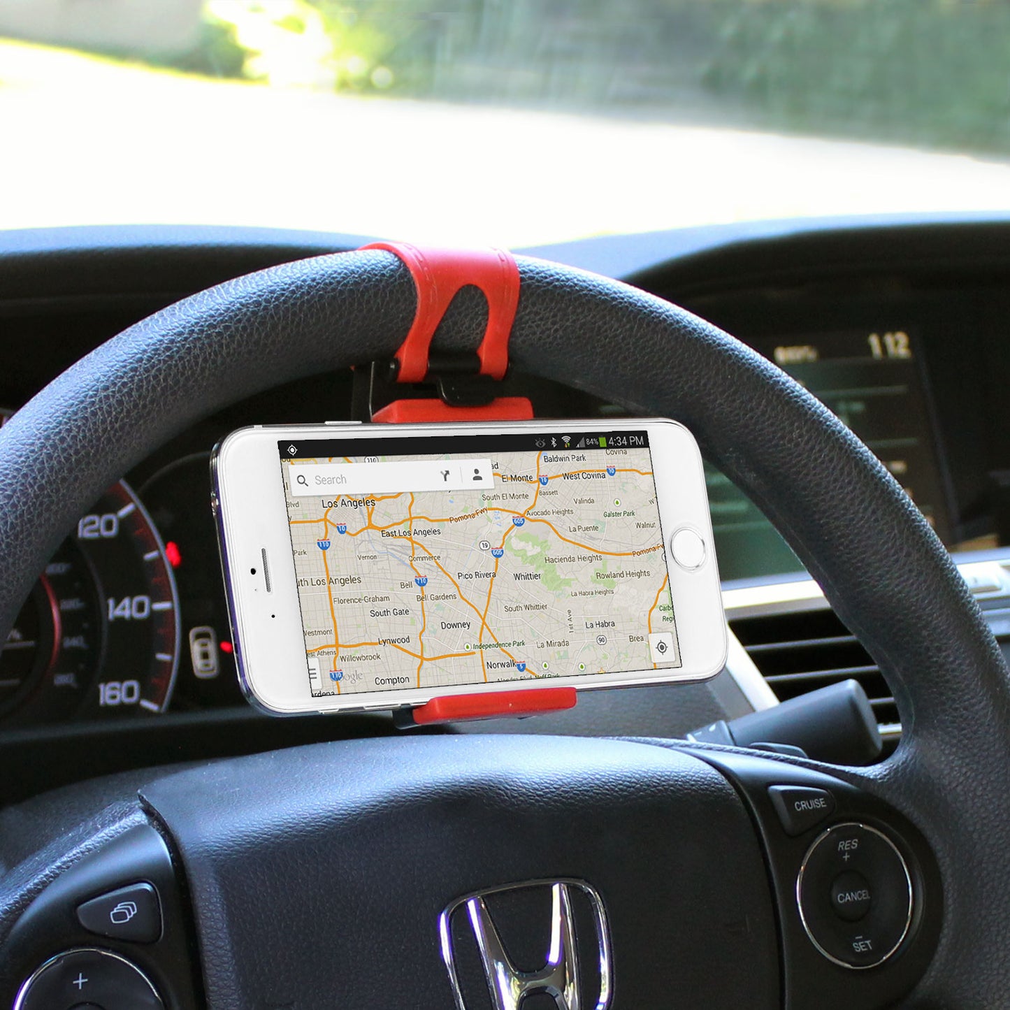 PHHD100 - Universal Steering Wheel Phone Mount Holder - Adjustable Handlebar Cradle Clamp Fits iPhone 16 15 14 13 Pro Black, Fits Standard Devices 2.1" to 3.1" Wide, Stroller & Exercise Bike Bracket