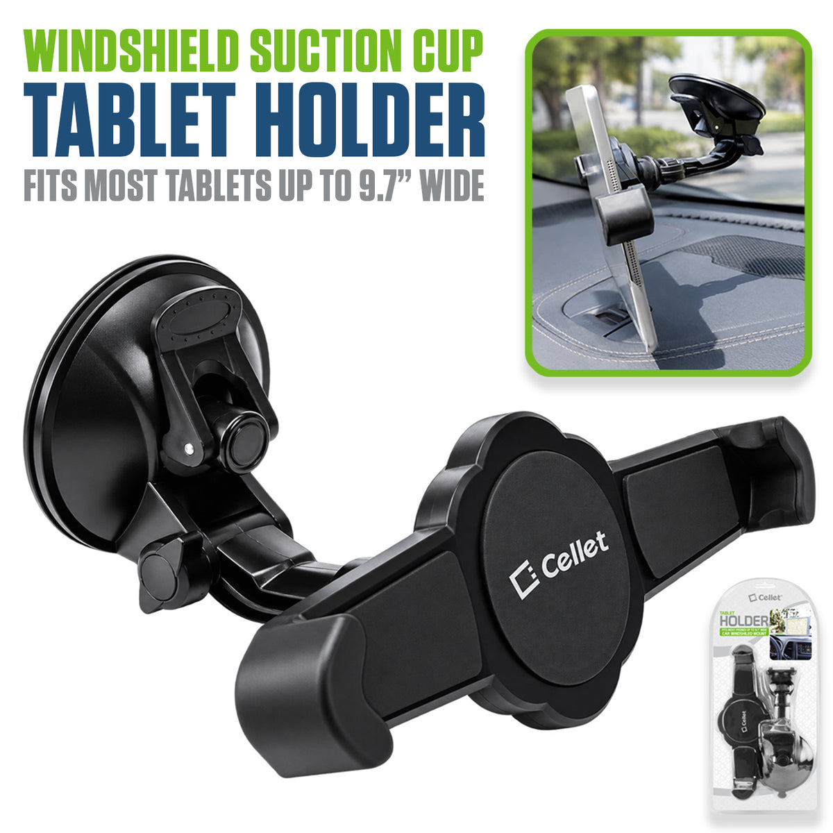 PHTABCN - Cellet Windshield Tablet Holder for Car Heavy Duty Suction Cup Mount 360 Rotation Cradle Compatible with iPad Air Mini, Samsung Galaxy Tab, Fire HD 7 8 10, GPS, Commercial Truck Drivers, Up to 9.7"