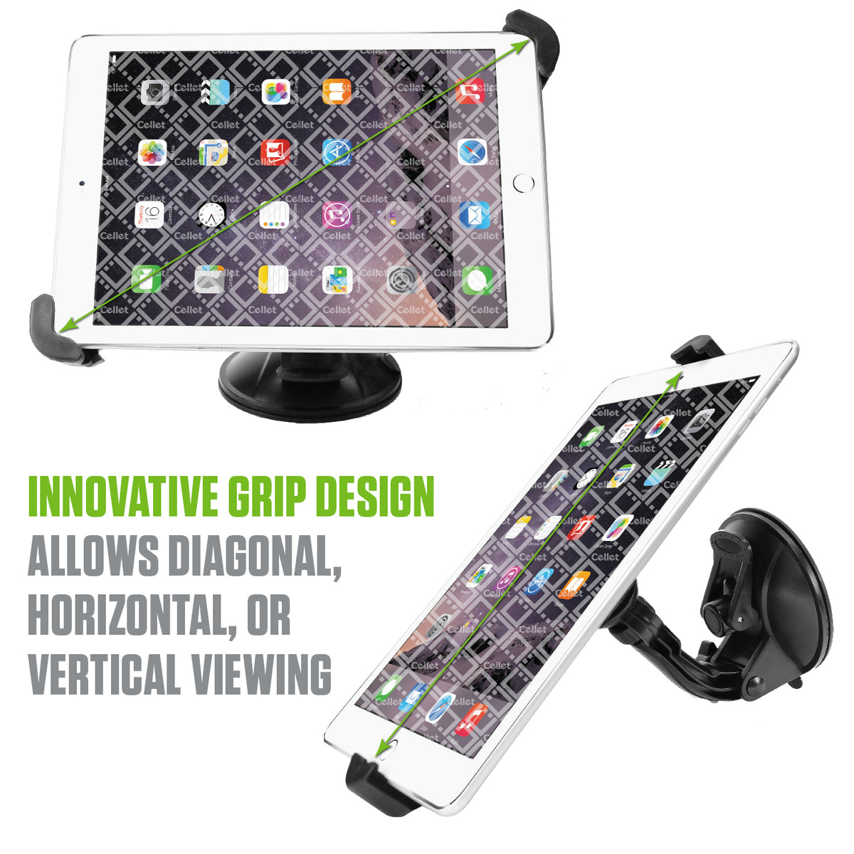 PHTABCN - Cellet Windshield Tablet Holder for Car Heavy Duty Suction Cup Mount 360 Rotation Cradle Compatible with iPad Air Mini, Samsung Galaxy Tab, Fire HD 7 8 10, GPS, Commercial Truck Drivers, Up to 9.7"