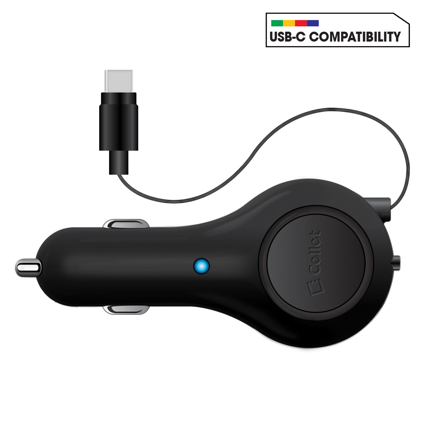 PUSBC30R - Cellet Retractable USB-C Car Charger – 15W Fast Charging, 3.3ft Cable, 3A Output, Blue LED Indicator – Compatible with Apple iPhone 15/16 Series & Android USB-C Devices – Compact, Tangle-Free