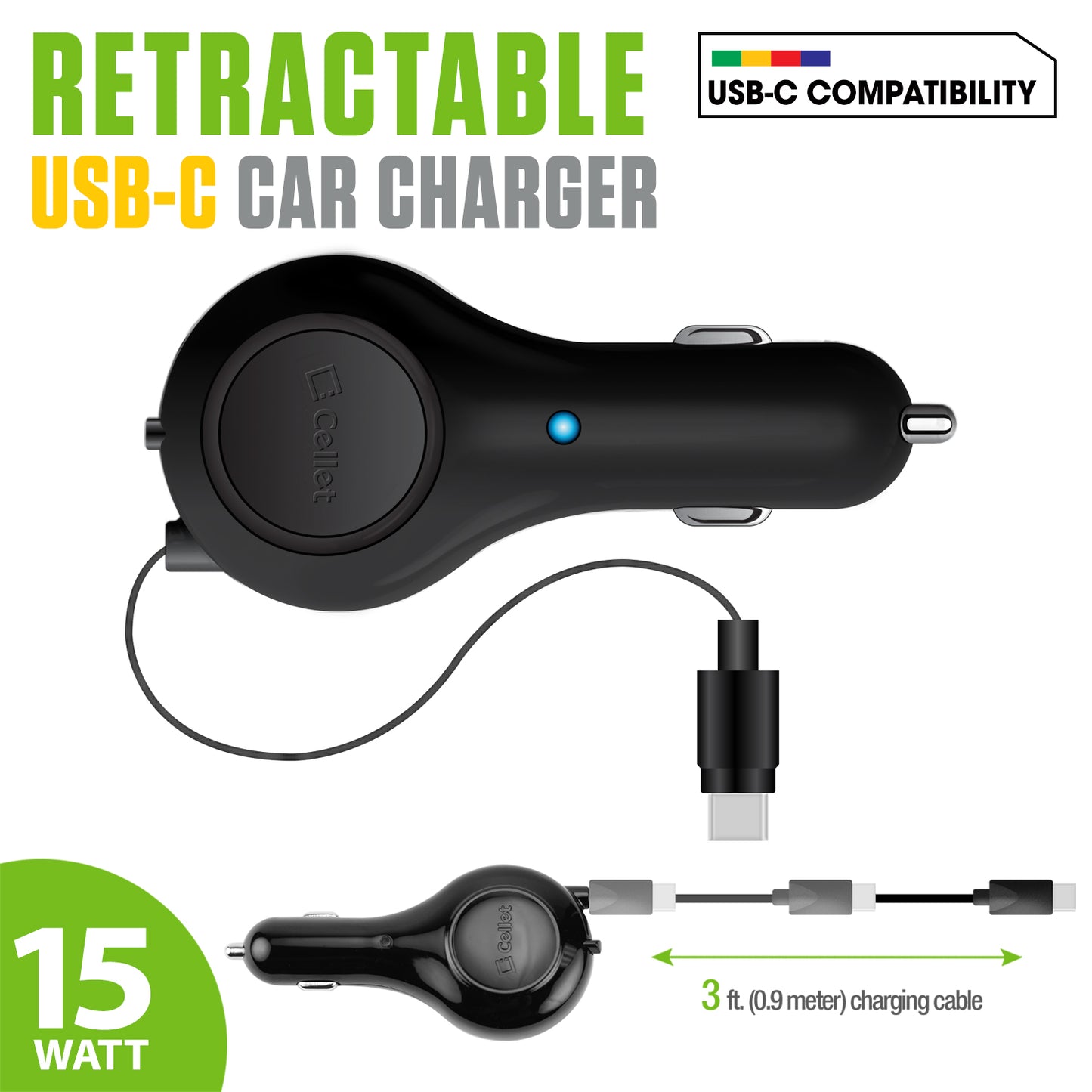 PUSBC30R - Cellet Retractable USB-C Car Charger – 15W Fast Charging, 3.3ft Cable, 3A Output, Blue LED Indicator – Compatible with Apple iPhone 15/16 Series & Android USB-C Devices – Compact, Tangle-Free