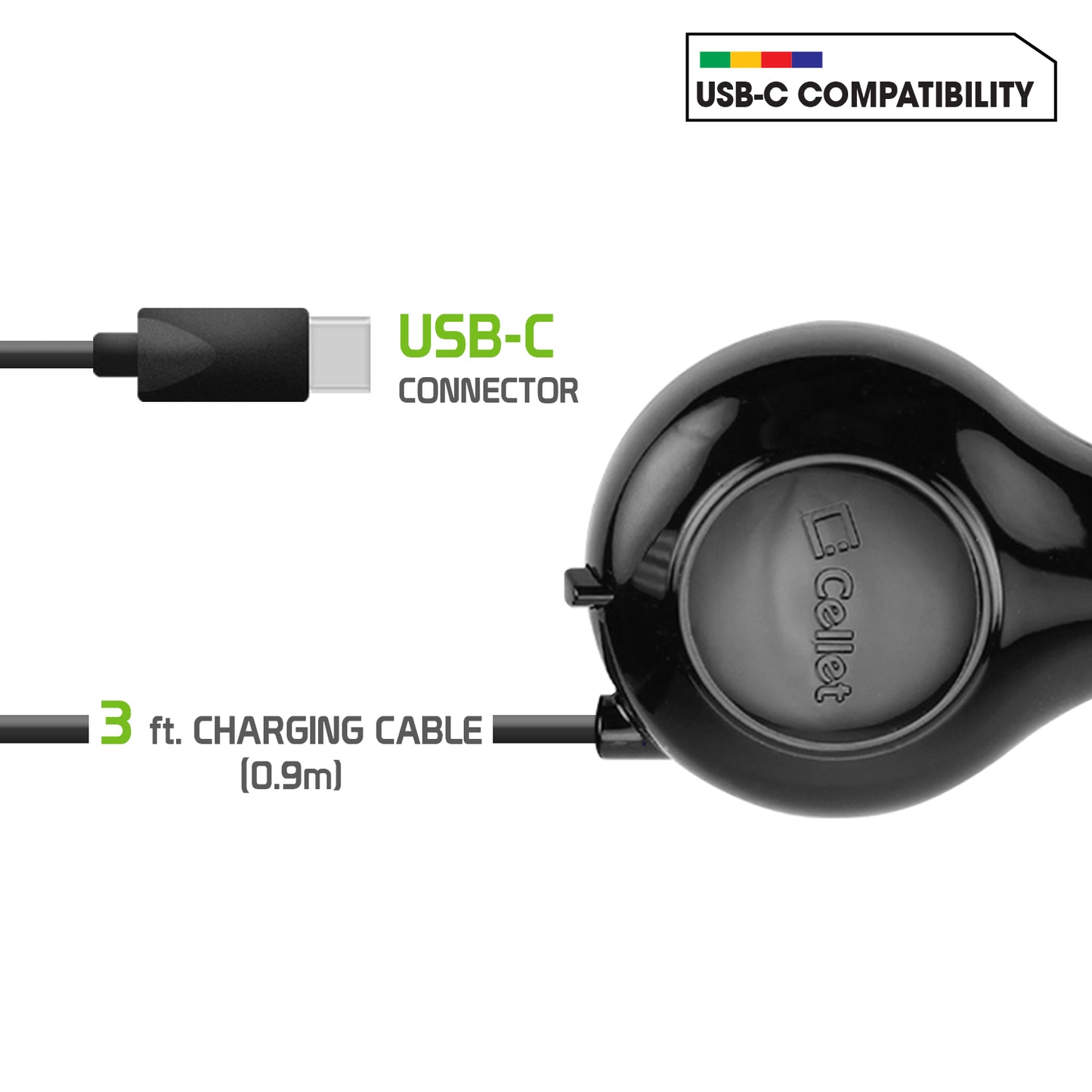 PUSBC30R - Cellet Retractable USB-C Car Charger – 15W Fast Charging, 3.3ft Cable, 3A Output, Blue LED Indicator – Compatible with Apple iPhone 15/16 Series & Android USB-C Devices – Compact, Tangle-Free