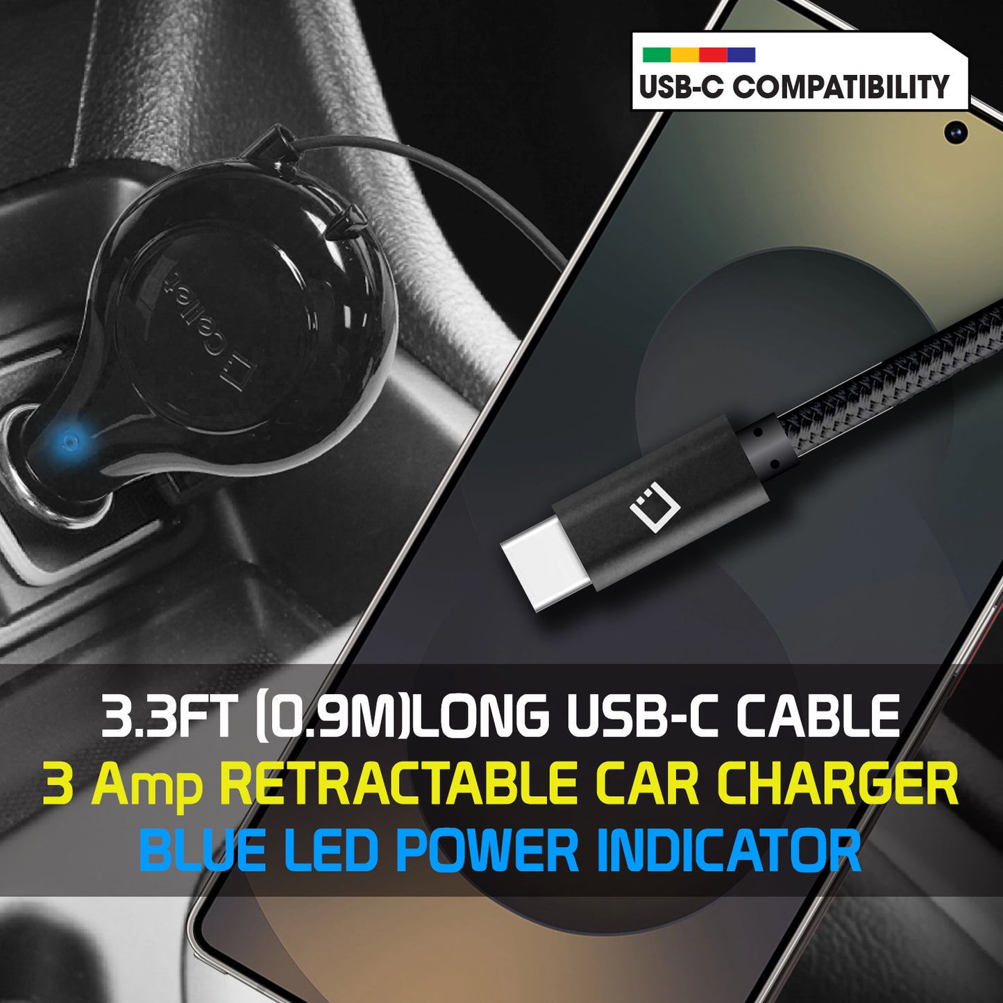 PUSBC30R - Cellet Retractable USB-C Car Charger – 15W Fast Charging, 3.3ft Cable, 3A Output, Blue LED Indicator – Compatible with Apple iPhone 15/16 Series & Android USB-C Devices – Compact, Tangle-Free
