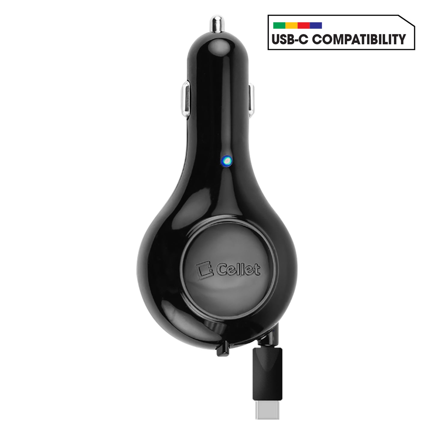 PUSBC30R - Cellet Retractable USB-C Car Charger – 15W Fast Charging, 3.3ft Cable, 3A Output, Blue LED Indicator – Compatible with Apple iPhone 15/16 Series & Android USB-C Devices – Compact, Tangle-Free