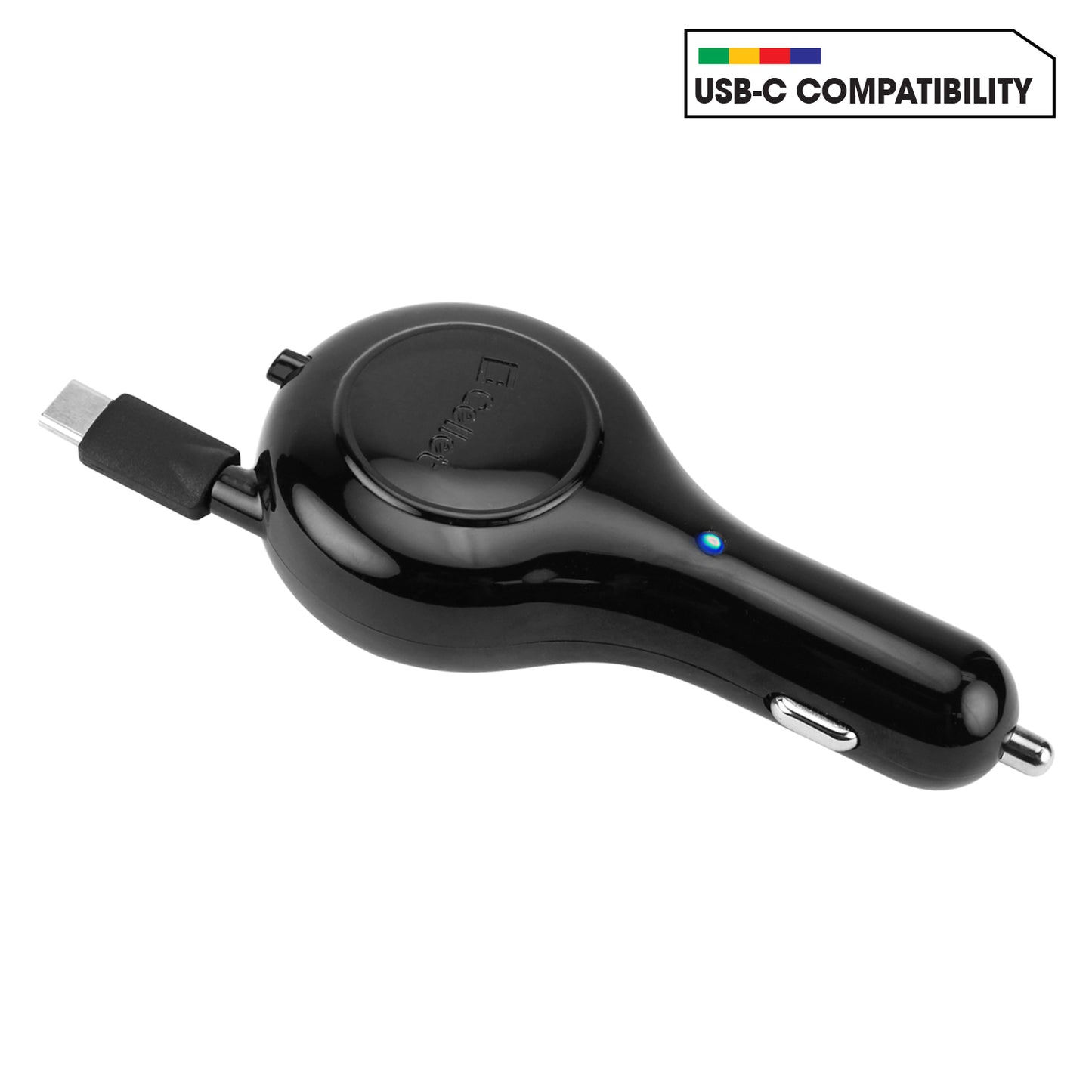 PUSBC30R - Cellet Retractable USB-C Car Charger – 15W Fast Charging, 3.3ft Cable, 3A Output, Blue LED Indicator – Compatible with Apple iPhone 15/16 Series & Android USB-C Devices – Compact, Tangle-Free