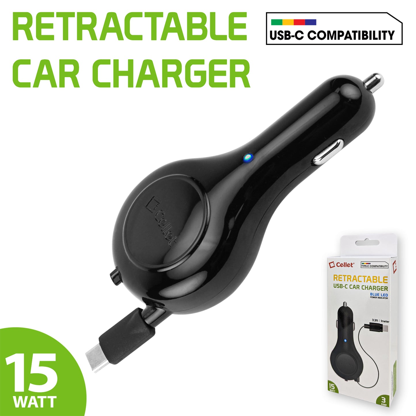 PUSBC30R - Cellet Retractable USB-C Car Charger – 15W Fast Charging, 3.3ft Cable, 3A Output, Blue LED Indicator – Compatible with Apple iPhone 15/16 Series & Android USB-C Devices – Compact, Tangle-Free