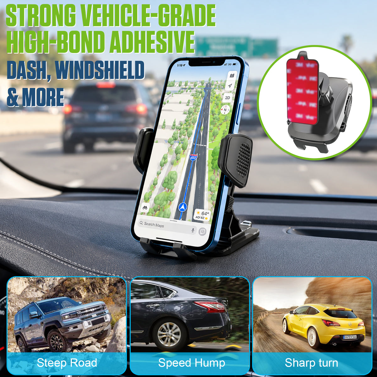 PHD300 - 🚗 Cellet Universal Car & Desk Phone Mount - Strong 3M Adhesive Pad, 360° Rotation, One-Touch Release - Secure Windshield, Dashboard & Countertop Holder for iPhone, Samsung, Android