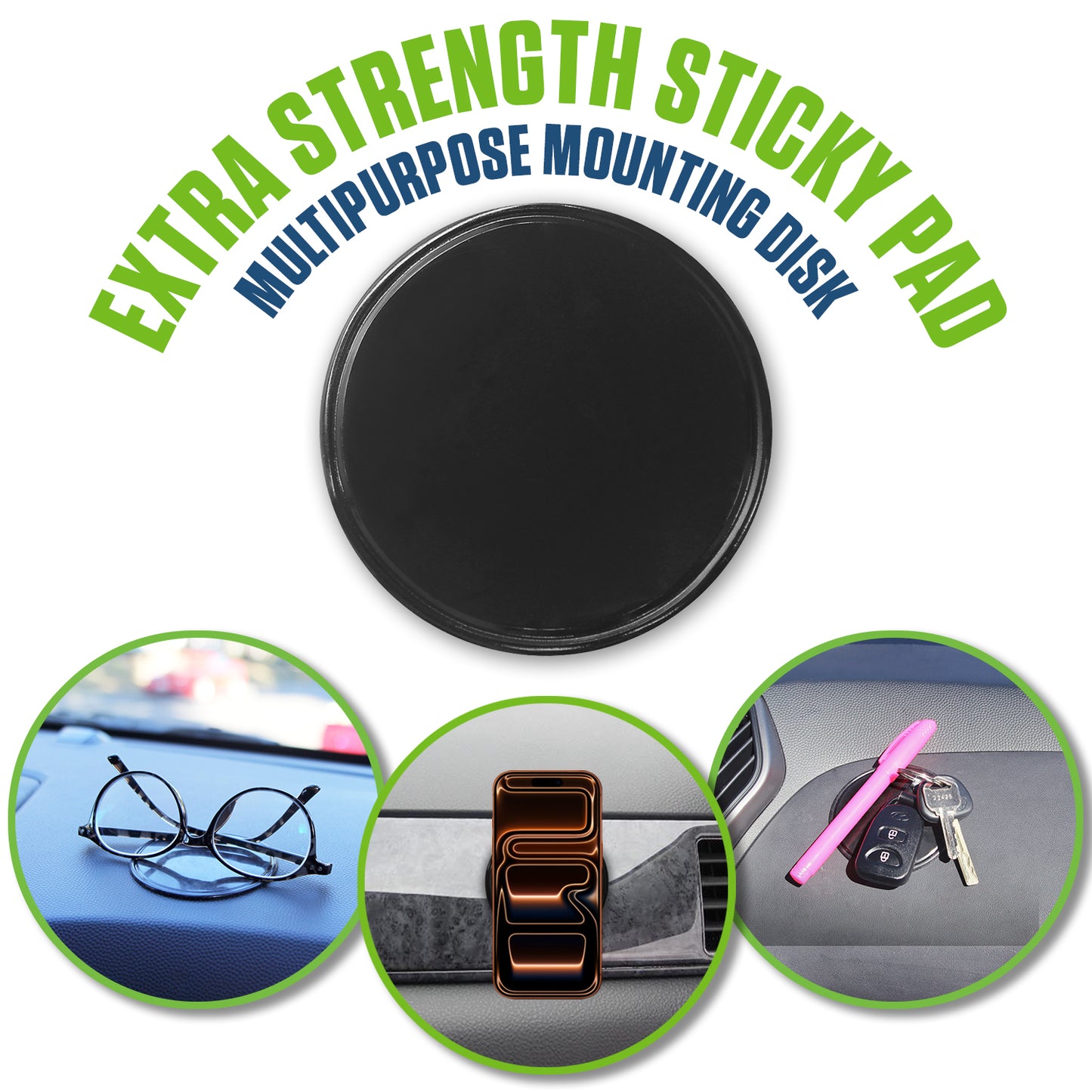DISK2 - Extra Strength Sticky Gel Pad - Multipurpose Anti-Slip Dash Mount for Phone, Keys, Glasses - Washable & Reusable Double Sided Adhesive Disk for Car, Home, Office - 3.15" Large Round Black, 2-Pack