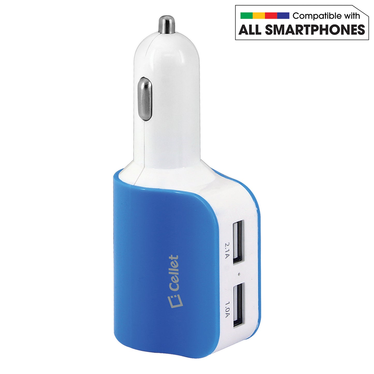 PUSBDC2BL - Cellet 15W 3.1A Dual USB Car Charger Adapter with Cigarette Lighter Socket – 2 USB Ports (2.1A & 1.0A), Blue LED Power Indicator, Universal Compatibility