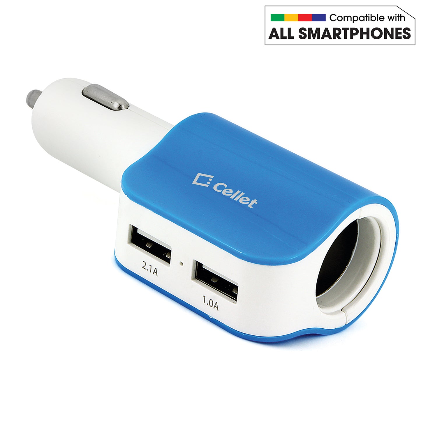 PUSBDC2BL - Cellet 15W 3.1A Dual USB Car Charger Adapter with Cigarette Lighter Socket – 2 USB Ports (2.1A & 1.0A), Blue LED Power Indicator, Universal Compatibility