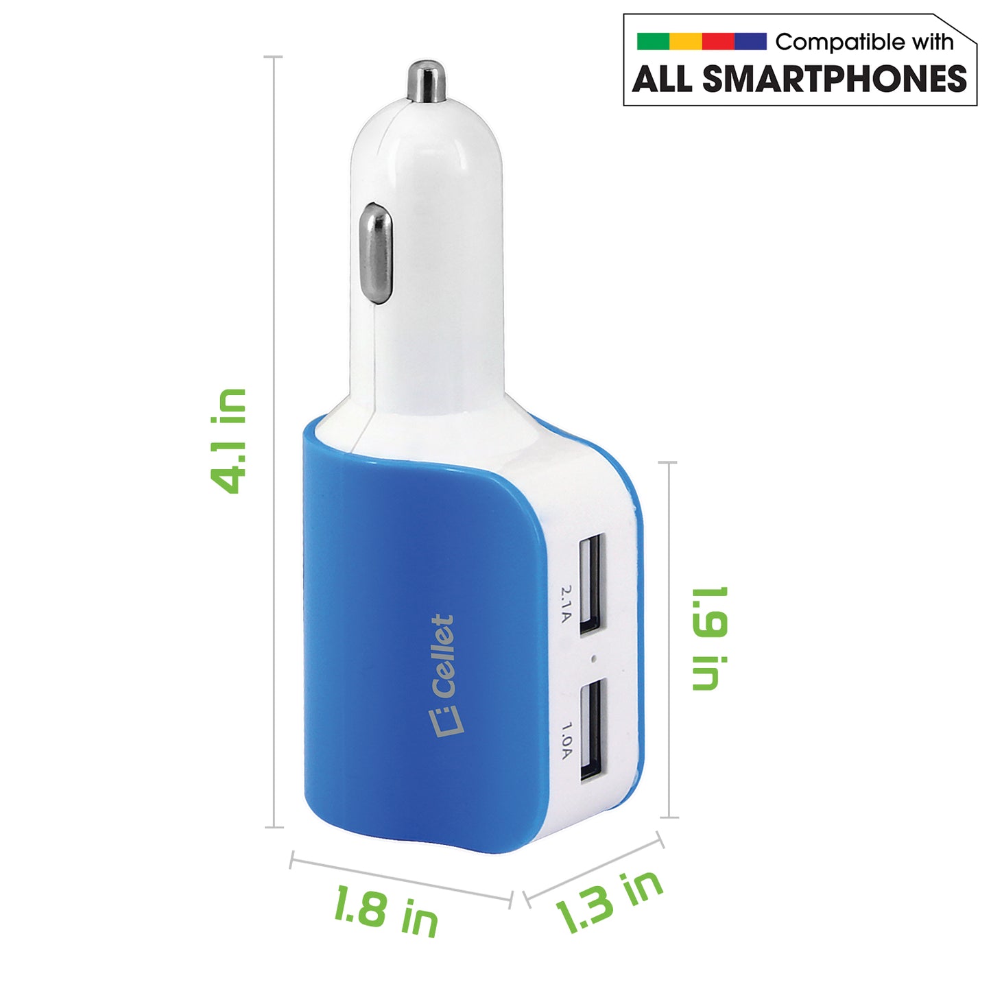 PUSBDC2BL - Cellet 15W 3.1A Dual USB Car Charger Adapter with Cigarette Lighter Socket – 2 USB Ports (2.1A & 1.0A), Blue LED Power Indicator, Universal Compatibility