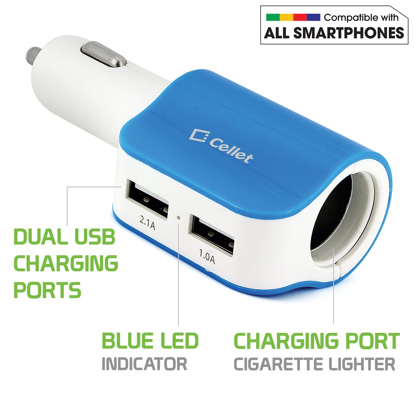 PUSBDC2BL - Cellet 15W 3.1A Dual USB Car Charger Adapter with Cigarette Lighter Socket – 2 USB Ports (2.1A & 1.0A), Blue LED Power Indicator, Universal Compatibility