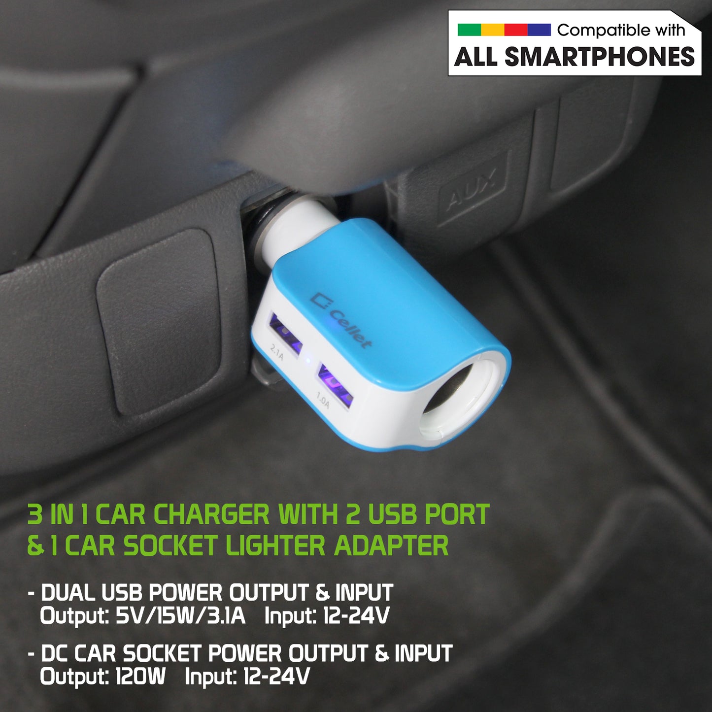 PUSBDC2BL - Cellet 15W 3.1A Dual USB Car Charger Adapter with Cigarette Lighter Socket – 2 USB Ports (2.1A & 1.0A), Blue LED Power Indicator, Universal Compatibility