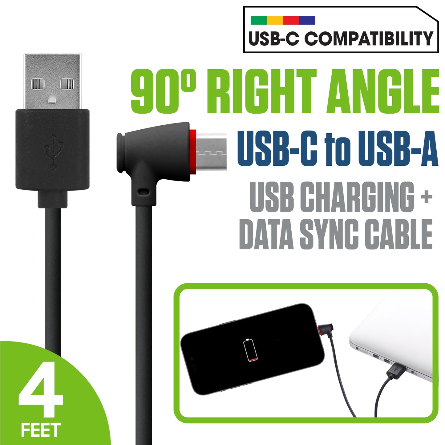 DCA904BK - Cellet 90 Degree USB C to USB A Cable (4ft) Right Angle Type C Charging & Data Sync Cord, Heavy Duty Fast Charge Compatible with Apple iPhone 17/16/15 Series, Samsung Galaxy, Pixel, Moto, iPad, Laptop