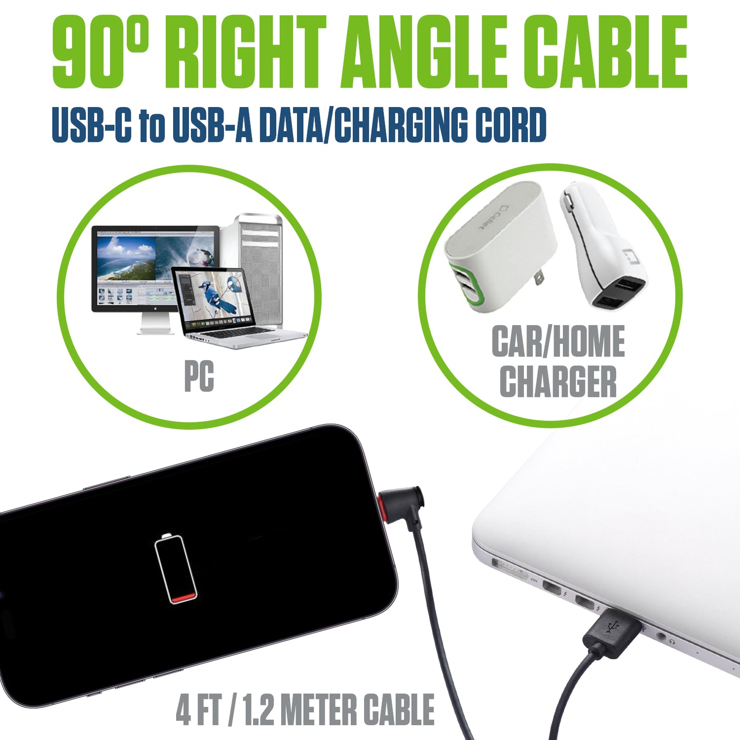 DCA904BK - Cellet 90 Degree USB C to USB A Cable (4ft) Right Angle Type C Charging & Data Sync Cord, Heavy Duty Fast Charge Compatible with Apple iPhone 17/16/15 Series, Samsung Galaxy, Pixel, Moto, iPad, Laptop