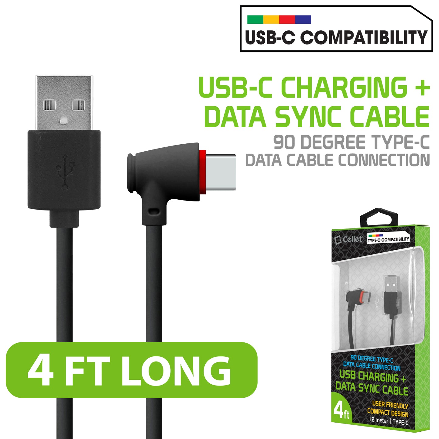 DCA904BK - Cellet 90 Degree USB C to USB A Cable (4ft) Right Angle Type C Charging & Data Sync Cord, Heavy Duty Fast Charge Compatible with Apple iPhone 17/16/15 Series, Samsung Galaxy, Pixel, Moto, iPad, Laptop