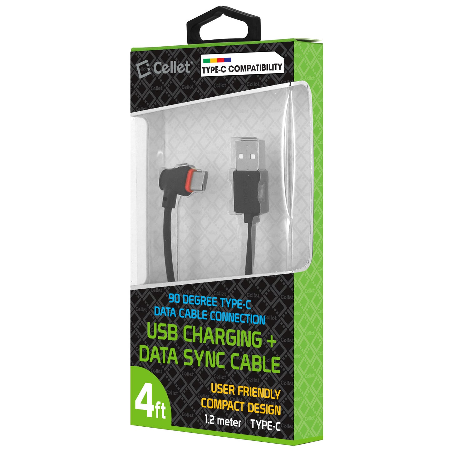 DCA904BK - Cellet 90 Degree USB C to USB A Cable (4ft) Right Angle Type C Charging & Data Sync Cord, Heavy Duty Fast Charge Compatible with Apple iPhone 17/16/15 Series, Samsung Galaxy, Pixel, Moto, iPad, Laptop