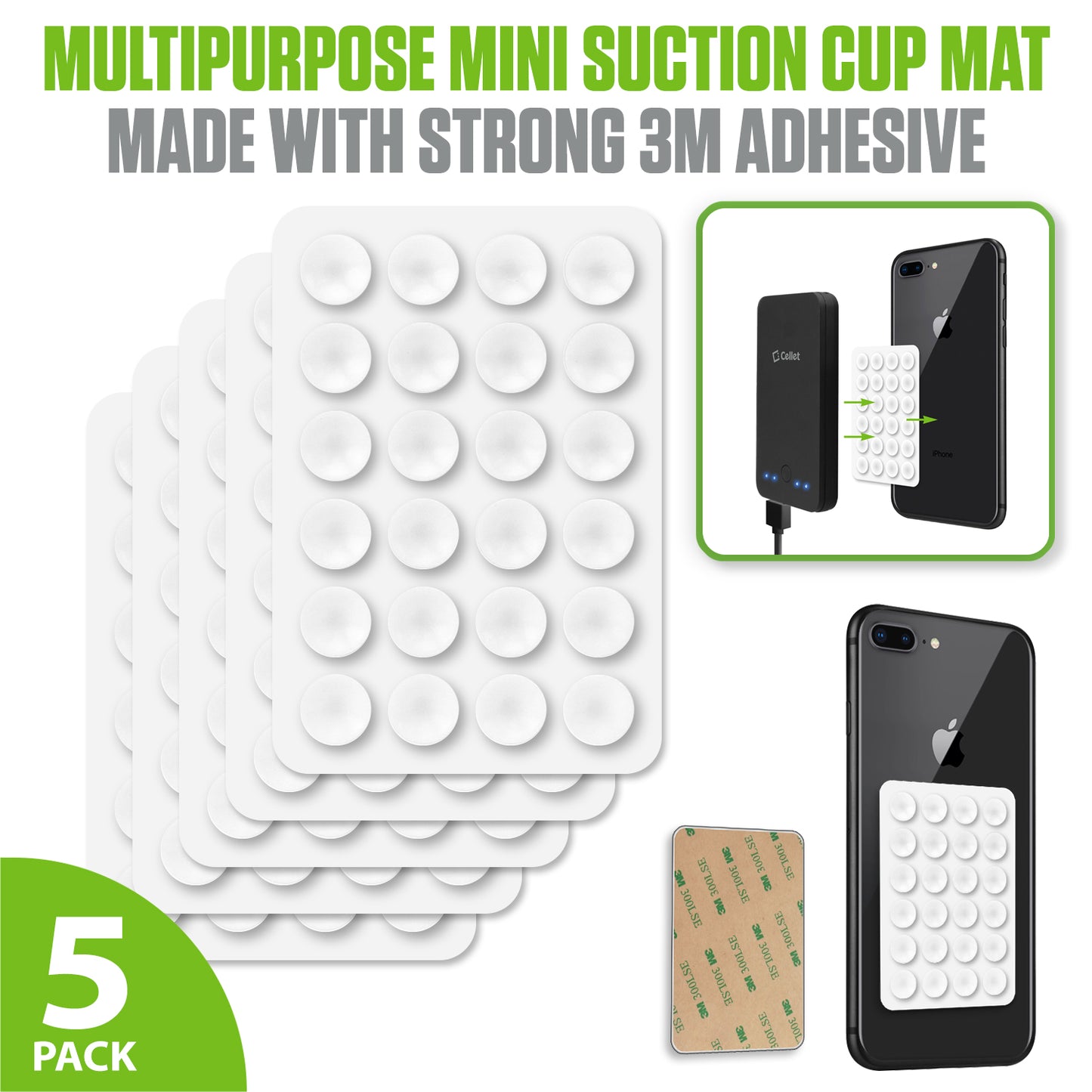 SCUPWT5 - Cellet Multipurpose Mini Suction Cup Mat – 5 Pack | Strong 3M Adhesive | Dashboard, Phone, Battery Pack Holder | Compact 2.3" x 3.3" Grip Pads for Car, Home, & Travel