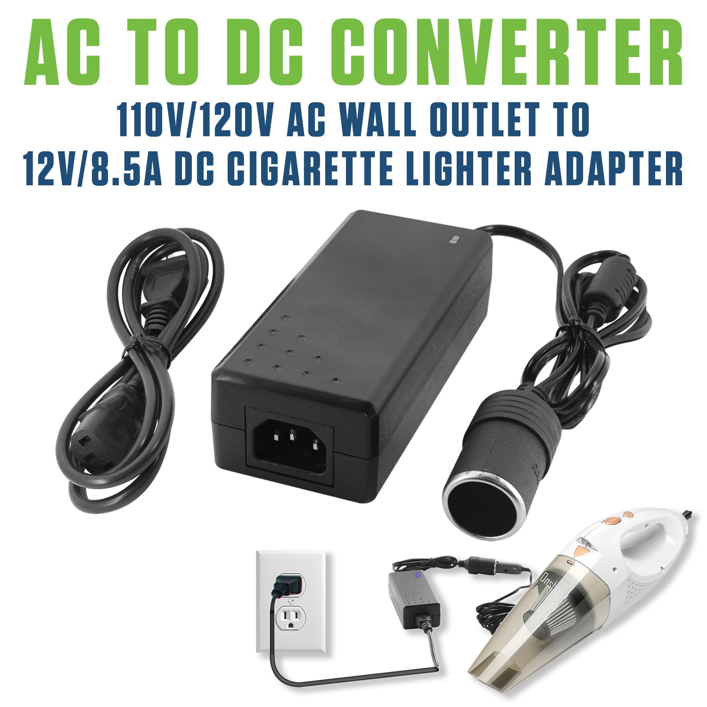 FM8500 - Cellet AC to DC Car Power Converter Adapter, 110V/120V AC Wall Outlet to 12V DC Cigarette Lighter Socket, 8.5A 102W Power Supply Adapter for Car Accessories, GPS, Phones, Dash Cams, Mini Vacuums