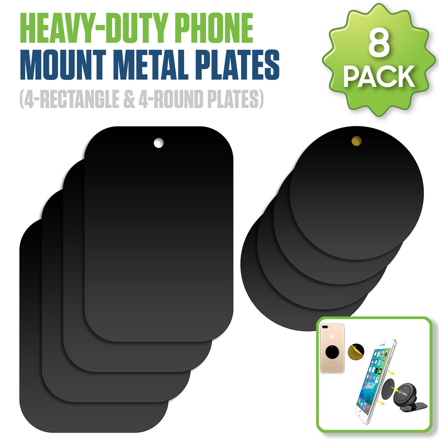 CLCMETALP8 - [8 Pack] Universal Metal Plates for Magnetic Phone Car Mount - 4 Round and 4 Rectangular High-Bond Adhesive Patches with Protective Films - Compatible with iPhone, Samsung, Pixel, and All Magnetic Holders - Black