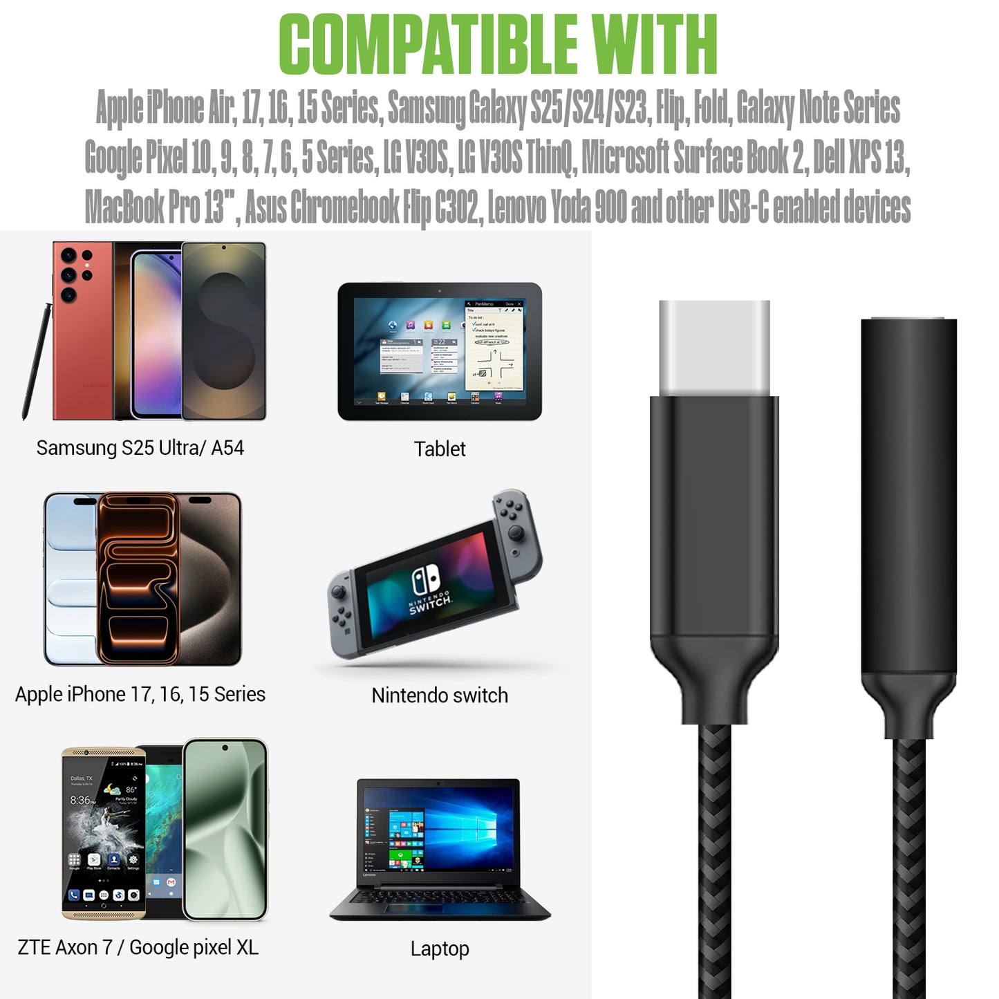 DCAFEMB -USB C to 3.5mm Female Headphone Adapter, Heavy Duty Nylon Braided Audio Converter