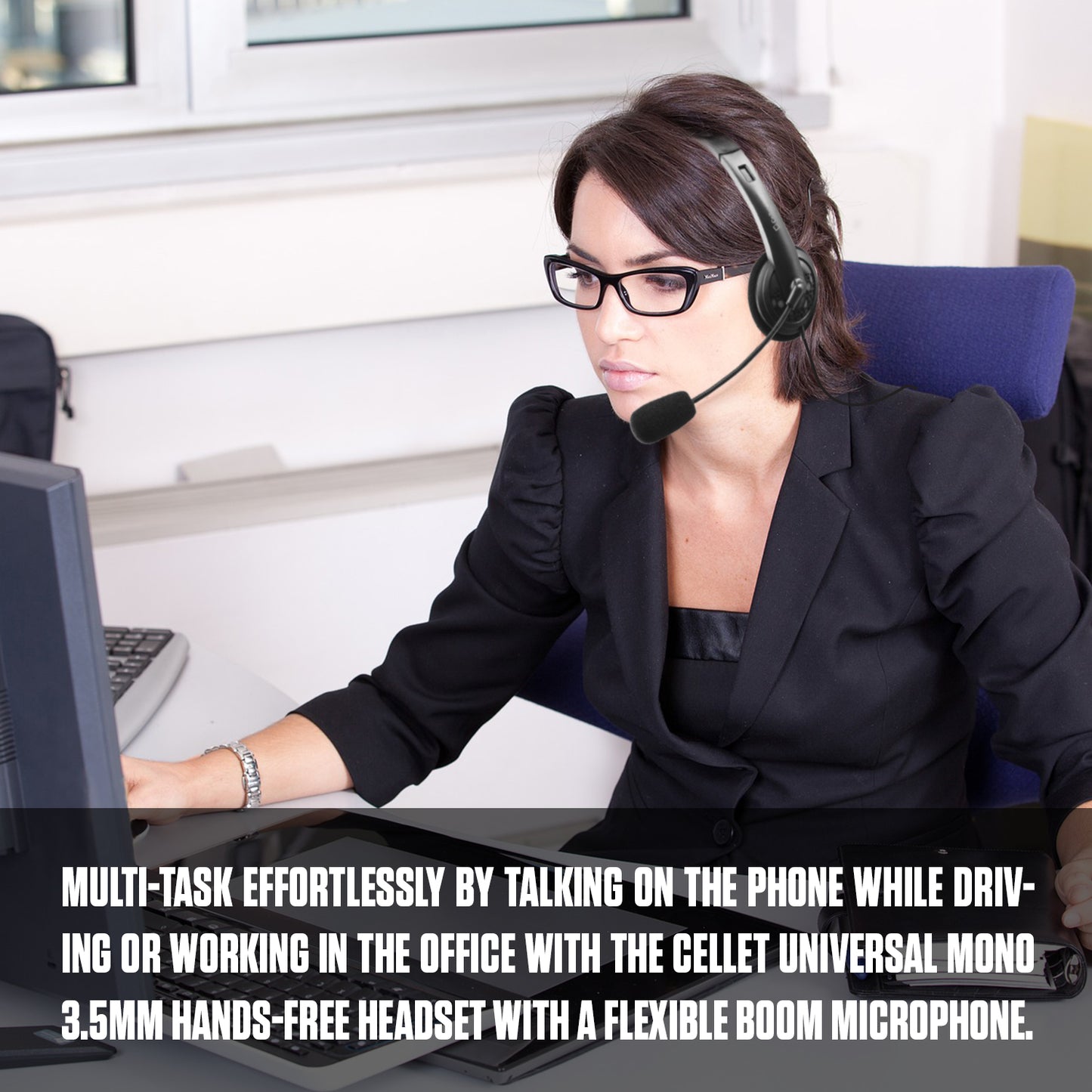 EP35C FA - Cellet Universal Mono 3.5mm Hands-Free Headset with Flexible Boom Microphone – Adjustable Headband, Single-Ear (Mono) Wired Headset for Calls & Office Use