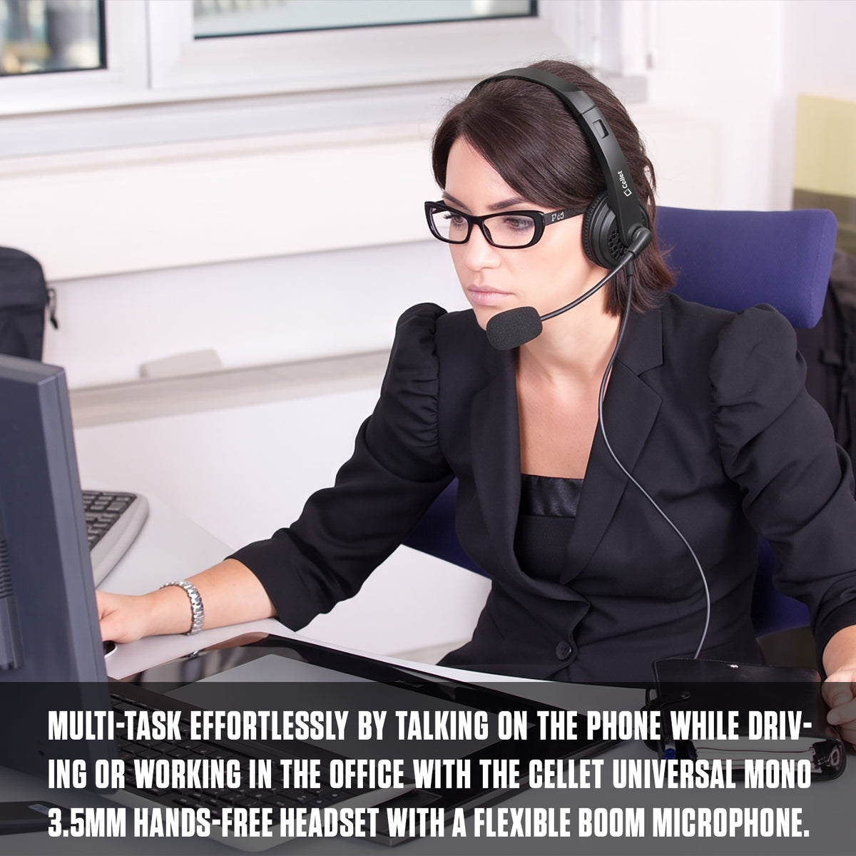 EP35C FA - Cellet Universal Mono 3.5mm Hands-Free Headset with Flexible Boom Microphone – Adjustable Headband, Single-Ear (Mono) Wired Headset for Calls & Office Use