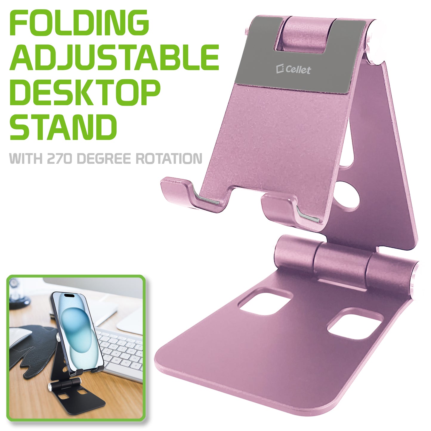 PHALURG_FA - Adjustable Desktop Stand, Heavy Duty Adjustable Aluminum stand with 270 Degree Rotation for Smartphones, Tablets, iPads and Nintendo Switch – Rose Gold
