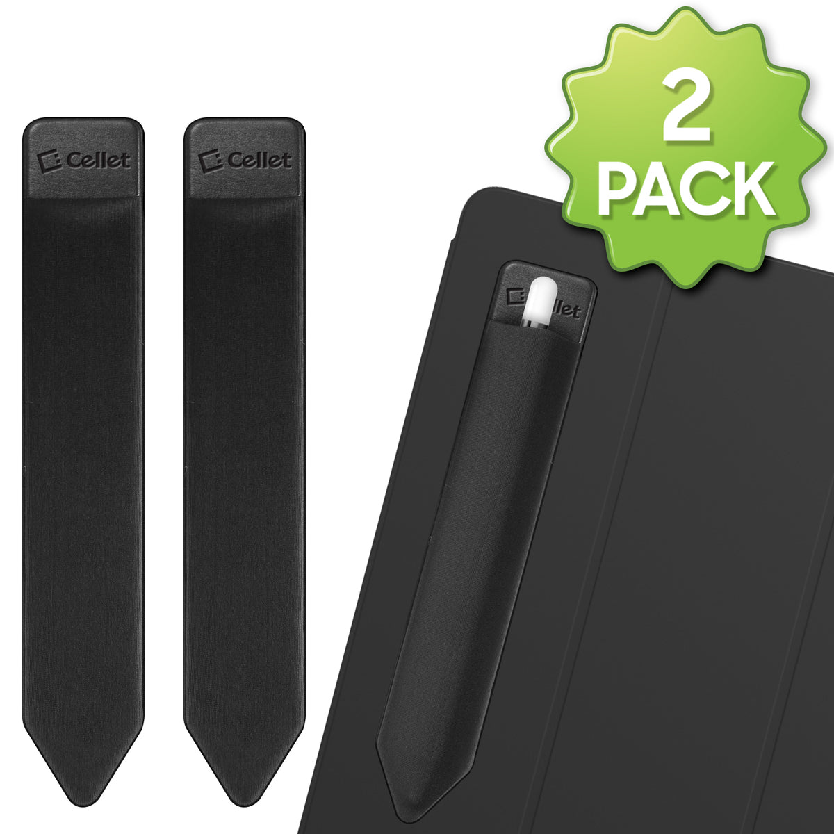 STHOLDER2 - Cellet 2 Pack Stylus Pen Holder for iPad - Elastic Sleeve with Premium Adhesive, Compatible with Apple iPad Pro, Air, Mini, iPad & Tablets - Black