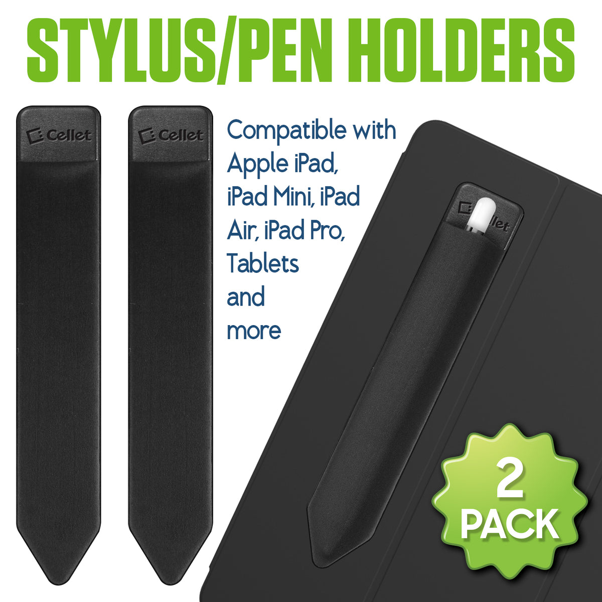 STHOLDER2 - Cellet 2 Pack Stylus Pen Holder for iPad - Elastic Sleeve with Premium Adhesive, Compatible with Apple iPad Pro, Air, Mini, iPad & Tablets - Black