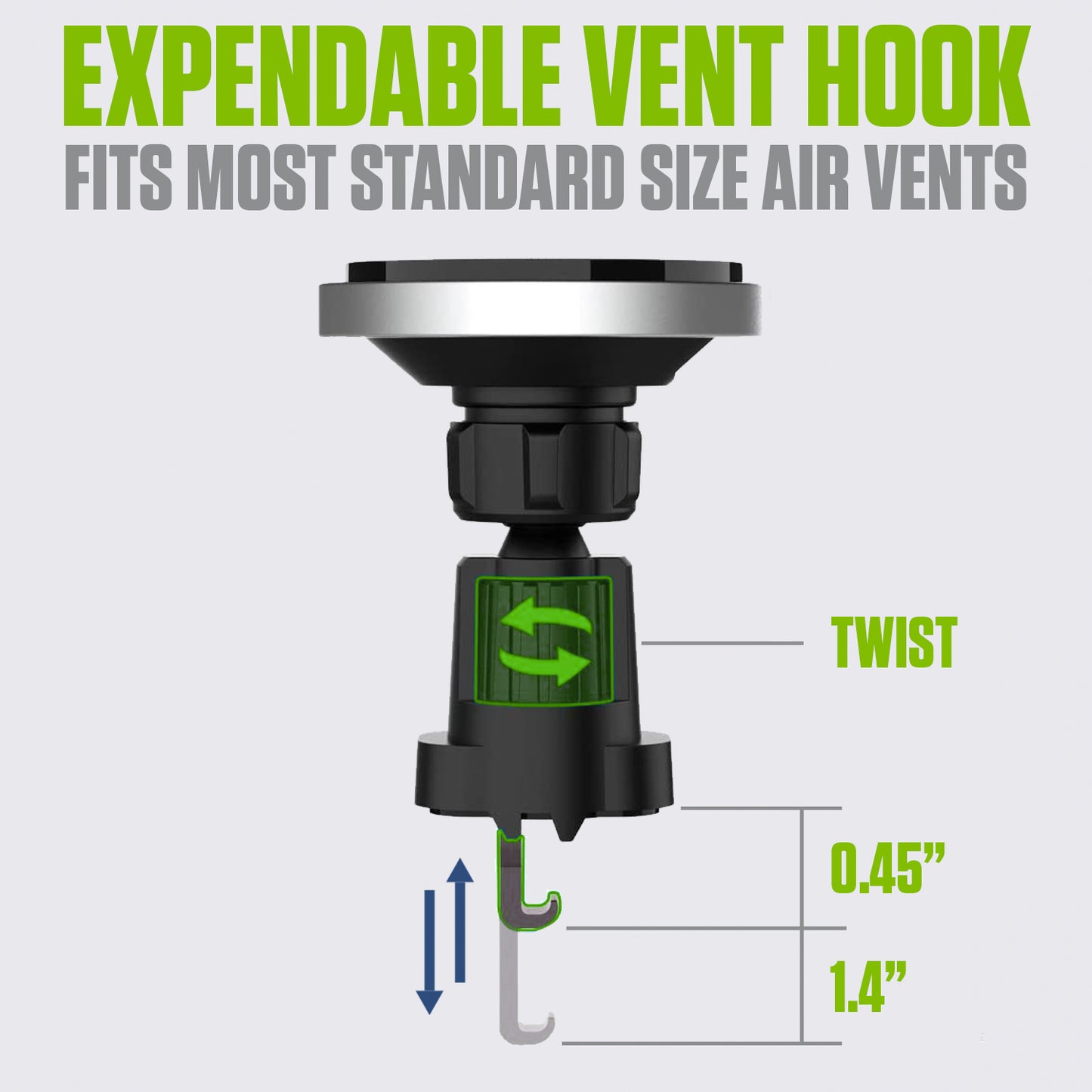 PHMAG12 - Cellet Inc. Magnetic Wireless Car Charger Mount, Fast Charging MagSafe Compatible Phone Holder for iPhone 16/15/14/13/12 Series - Air Vent Mount with Expandable Hook & Adjustable Head