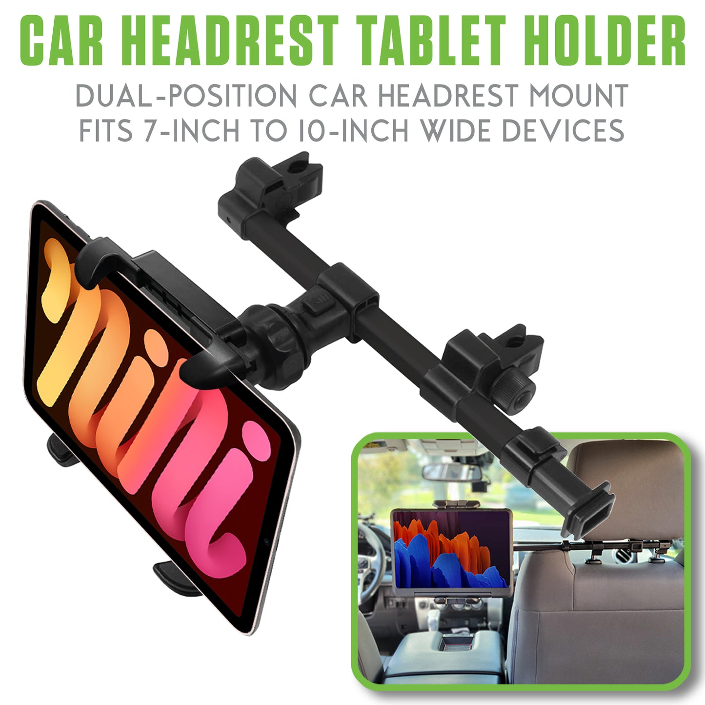 PH360 - Headrest Tablet/Smartphone iPad iPhone Holder, Mount Holder with Extendable Telescopic Arm for Apple iPad, iPhones (fits up to 10”) - Black