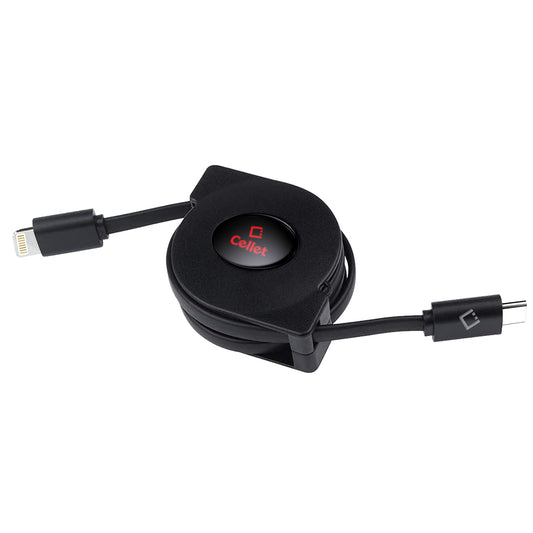 DCA8RBK - DAC8RBK - Cellet MFi Certified Retractable Lightning to USB-C Cable – 3ft Fast Charging Cord – Tangle-Free, Portable & Durable – Compatible with iPhone, iPad, and USB-C Chargers