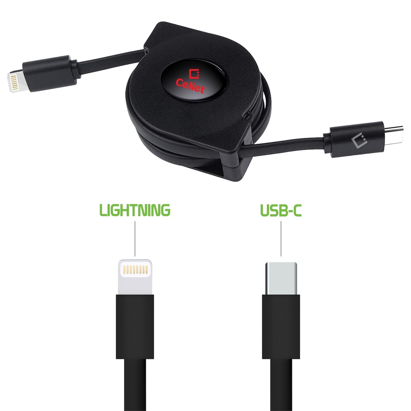 DCA8RBK - DAC8RBK - Cellet MFi Certified Retractable Lightning to USB-C Cable – 3ft Fast Charging Cord – Tangle-Free, Portable & Durable – Compatible with iPhone, iPad, and USB-C Chargers