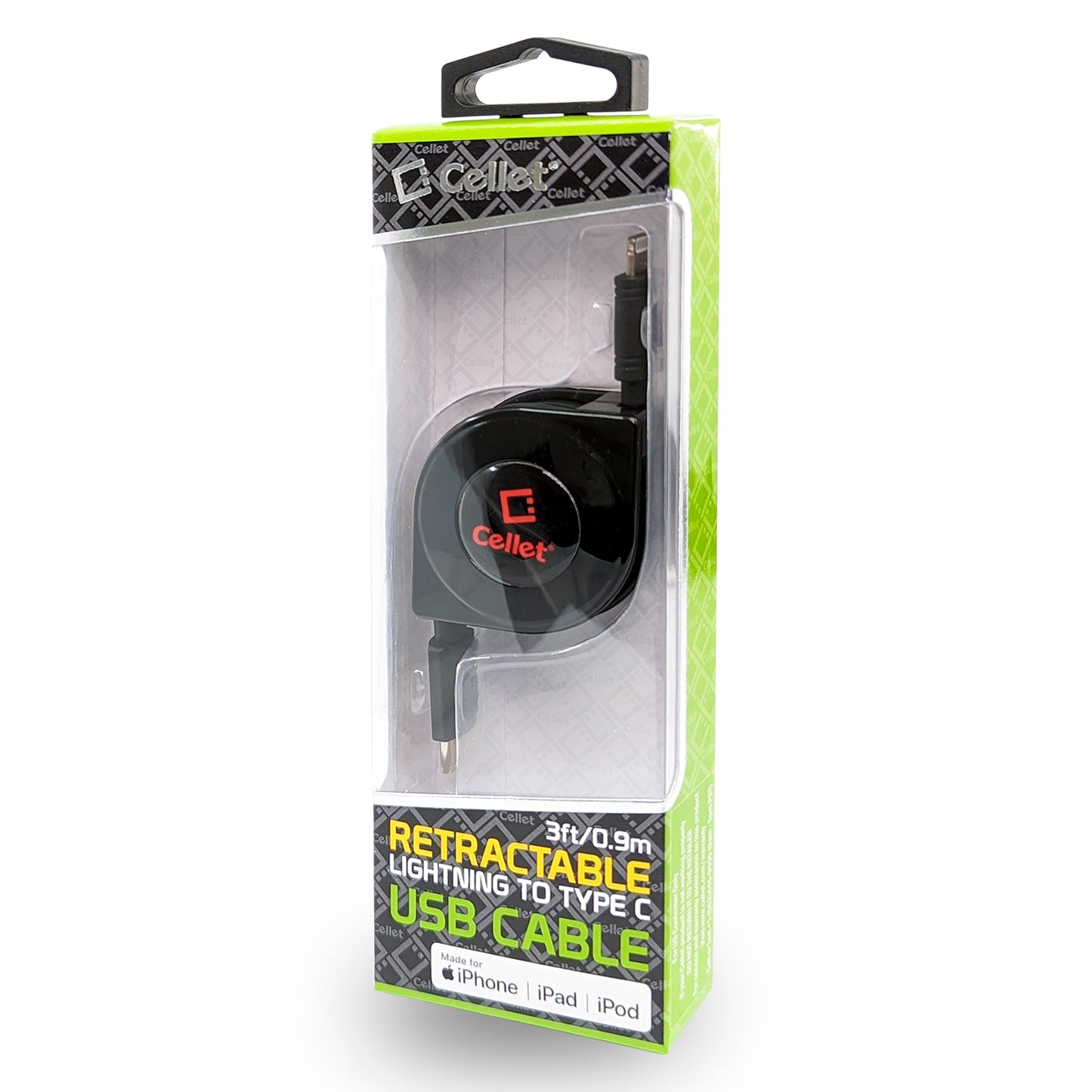 DCA8RBK - DAC8RBK - Cellet MFi Certified Retractable Lightning to USB-C Cable – 3ft Fast Charging Cord – Tangle-Free, Portable & Durable – Compatible with iPhone, iPad, and USB-C Chargers