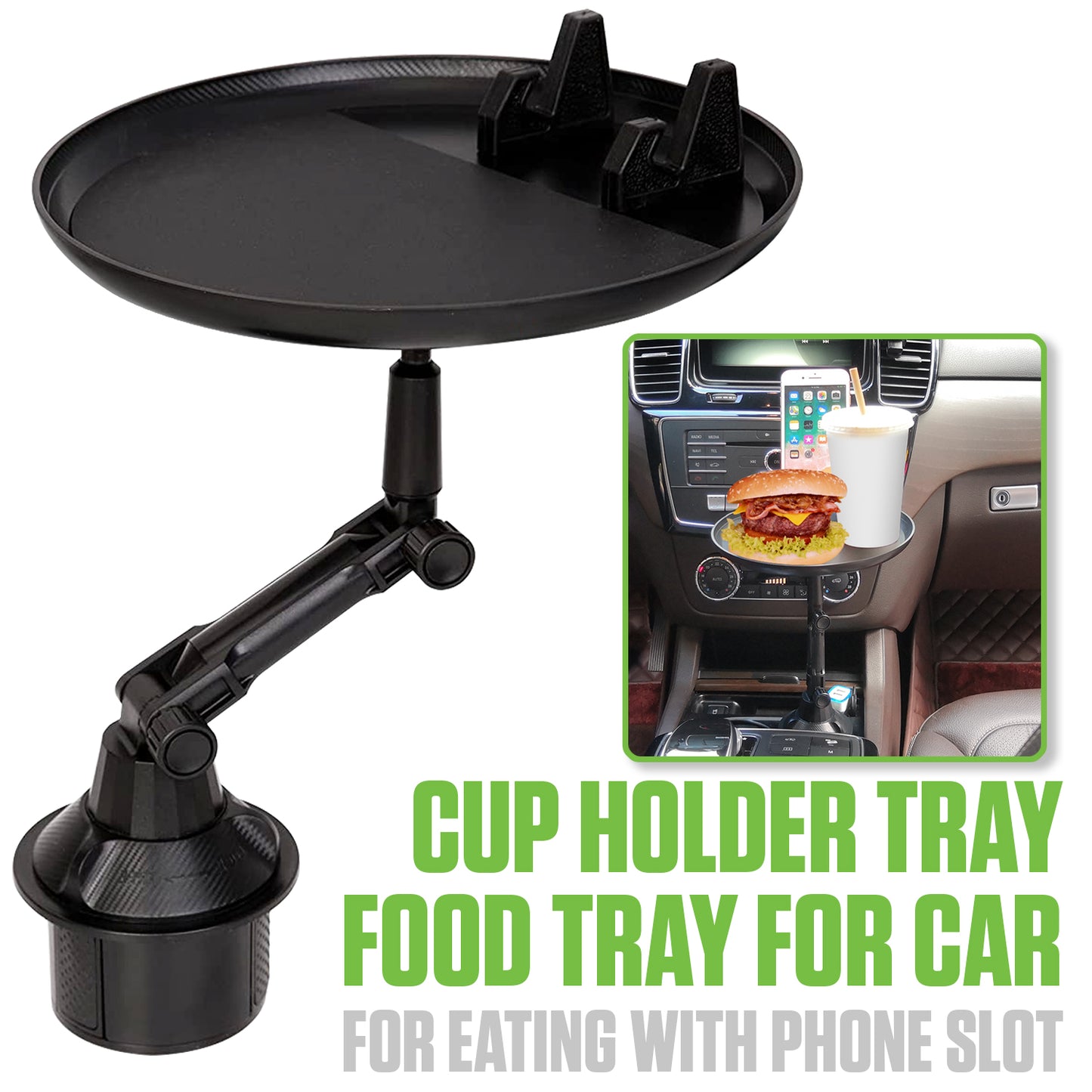 PHSK119 - Cellet Cup Holder Tray for Car with Phone Mount – Expandable Base, 360° Rotation Food & Drink Tray with Non-Slip Surface, Adjustable Arm for Eating in Vehicle – Fits Most Standard Car Cup Holders