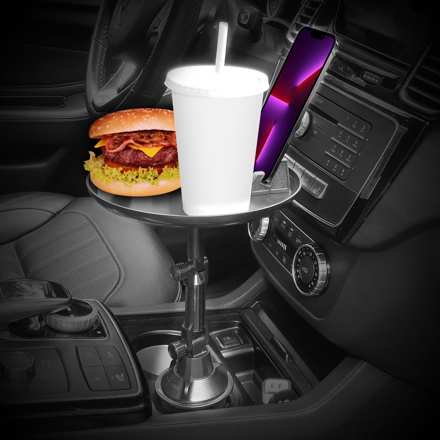 PHSK119 - Cellet Cup Holder Tray for Car with Phone Mount – Expandable Base, 360° Rotation Food & Drink Tray with Non-Slip Surface, Adjustable Arm for Eating in Vehicle – Fits Most Standard Car Cup Holders