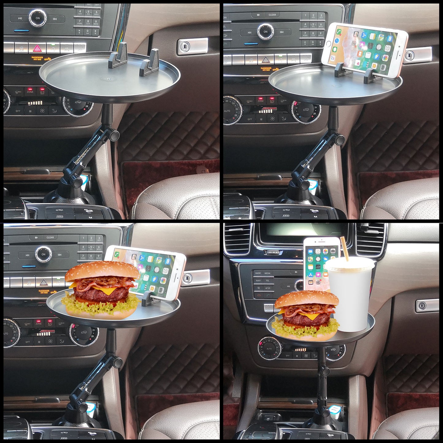 PHSK119 - Cellet Cup Holder Tray for Car with Phone Mount – Expandable Base, 360° Rotation Food & Drink Tray with Non-Slip Surface, Adjustable Arm for Eating in Vehicle – Fits Most Standard Car Cup Holders