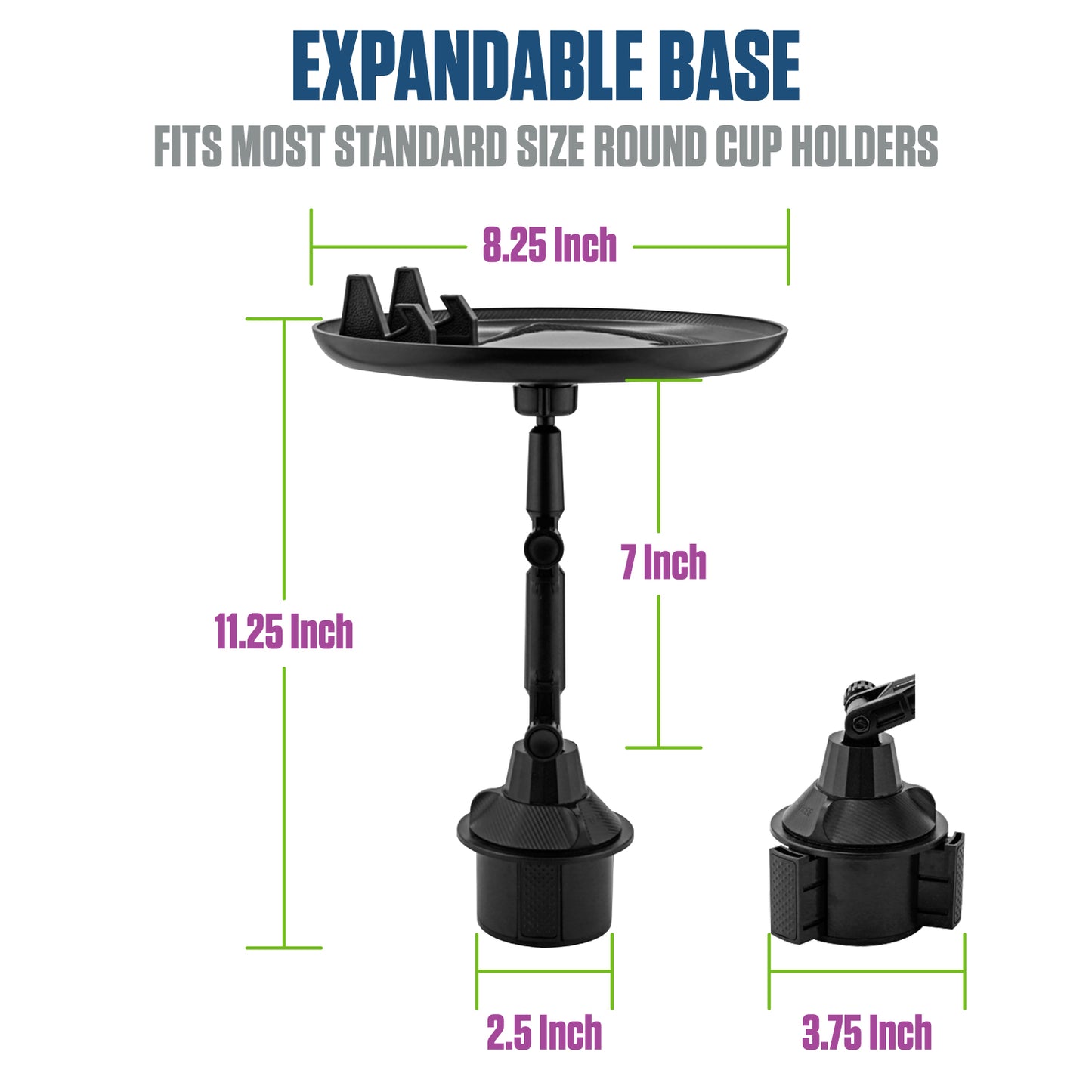 PHSK119 - Cellet Cup Holder Tray for Car with Phone Mount – Expandable Base, 360° Rotation Food & Drink Tray with Non-Slip Surface, Adjustable Arm for Eating in Vehicle – Fits Most Standard Car Cup Holders