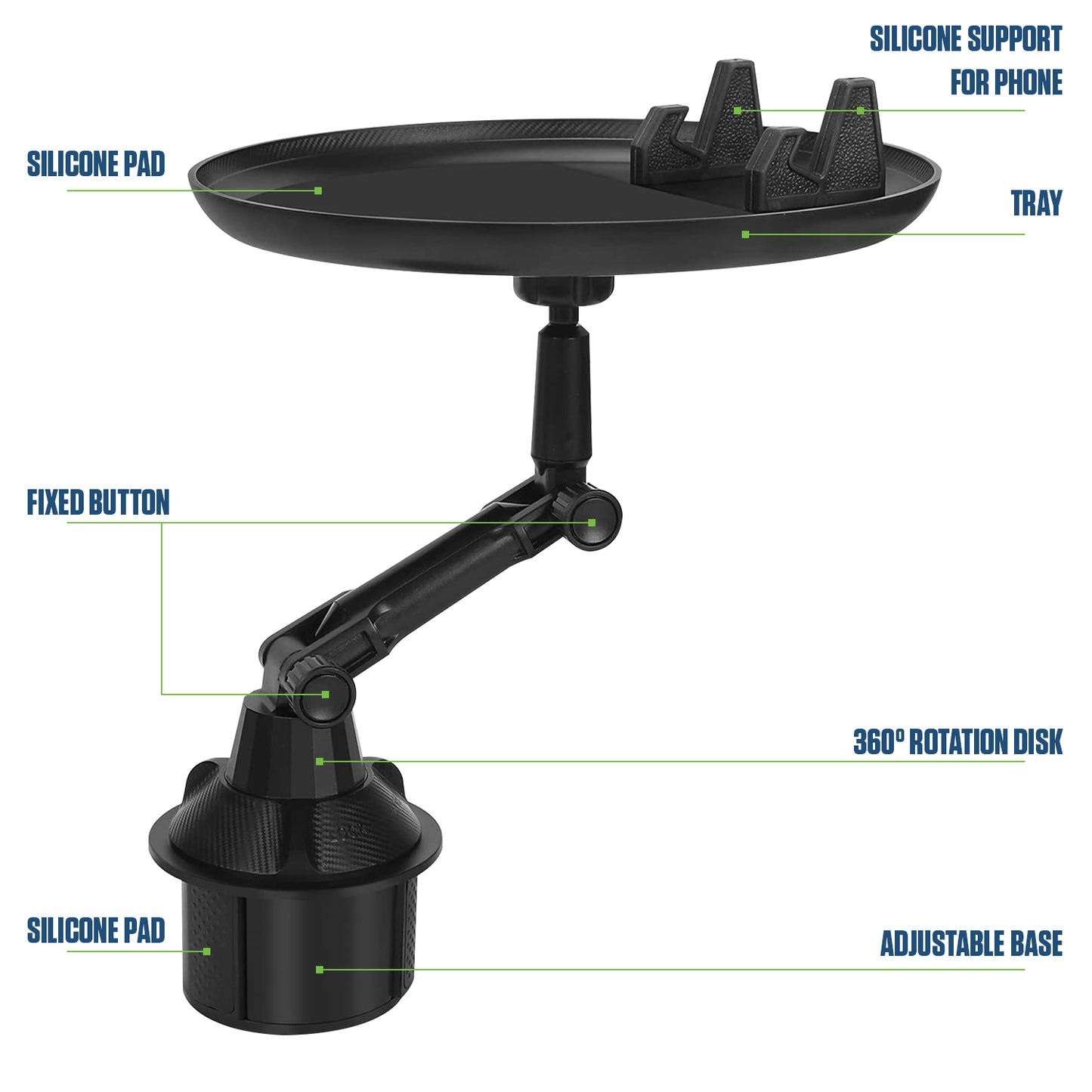PHSK119 - Cellet Cup Holder Tray for Car with Phone Mount – Expandable Base, 360° Rotation Food & Drink Tray with Non-Slip Surface, Adjustable Arm for Eating in Vehicle – Fits Most Standard Car Cup Holders