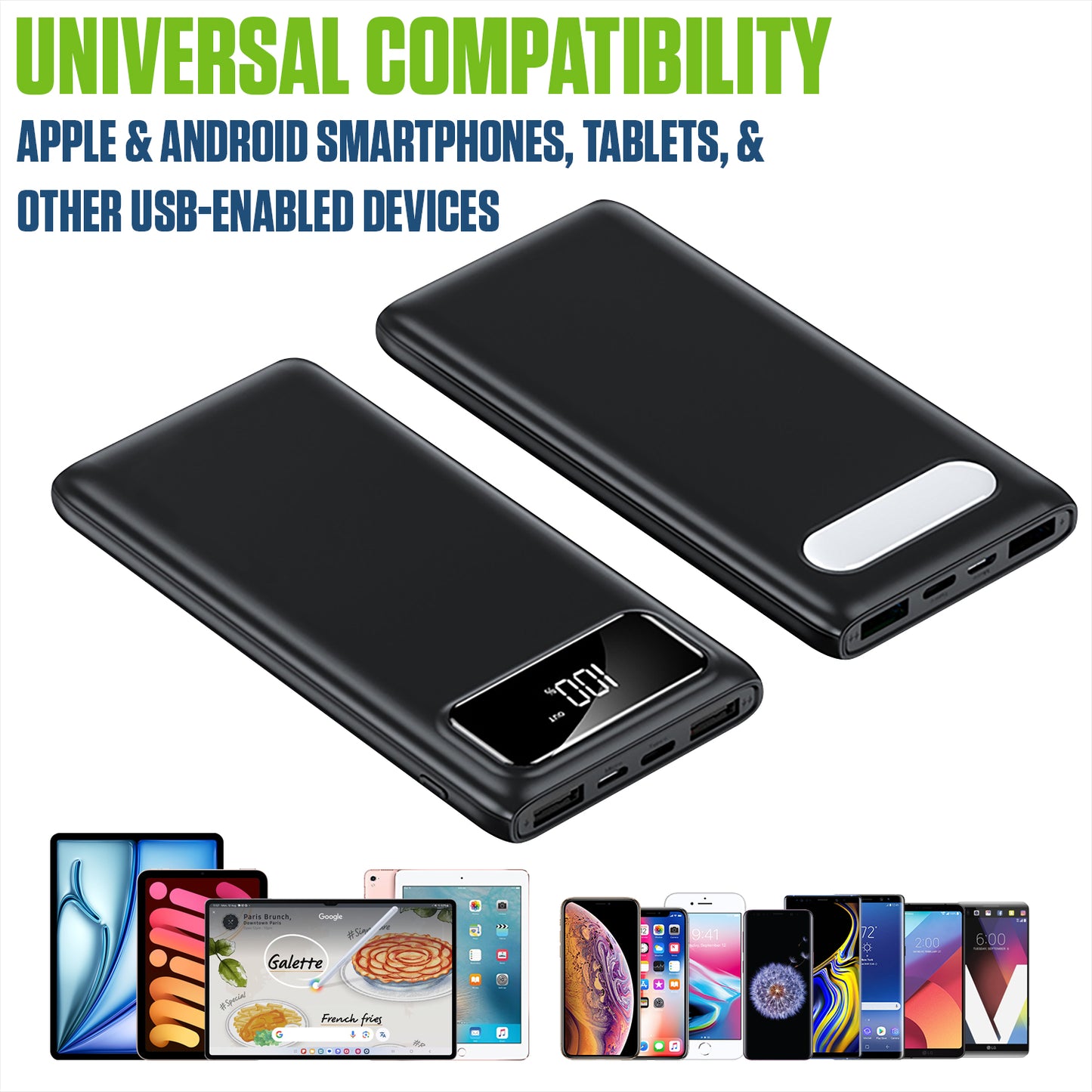 10,000mAh Portable Power Bank with Smart Digital Display Screen Compatible with iPhones Samsung Galaxy, Note, Motorola Moto, Google Pixel - Black